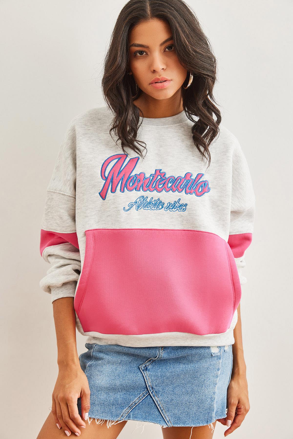 Renkli Kanguru Cepli Şardonlu Sweatshirt Gri Melanj
