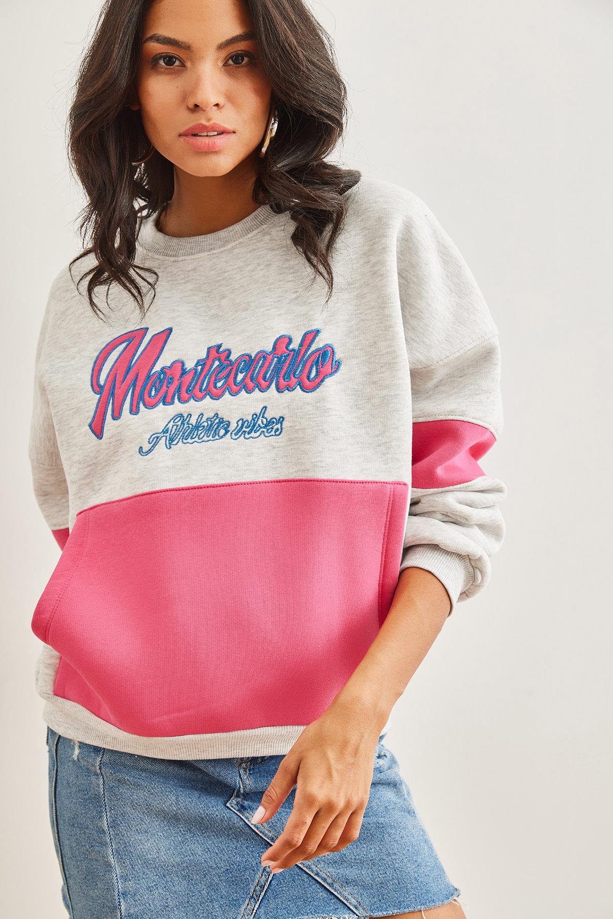 Renkli Kanguru Cepli Şardonlu Sweatshirt Gri Melanj