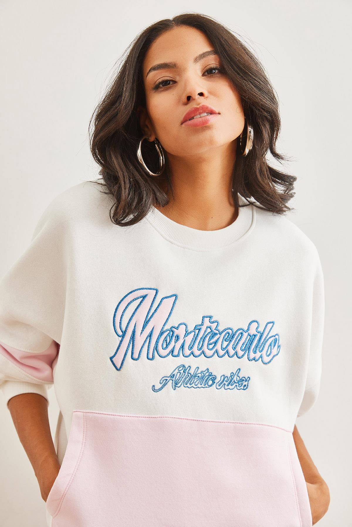 Renkli Kanguru Cepli Şardonlu Sweatshirt Ekru