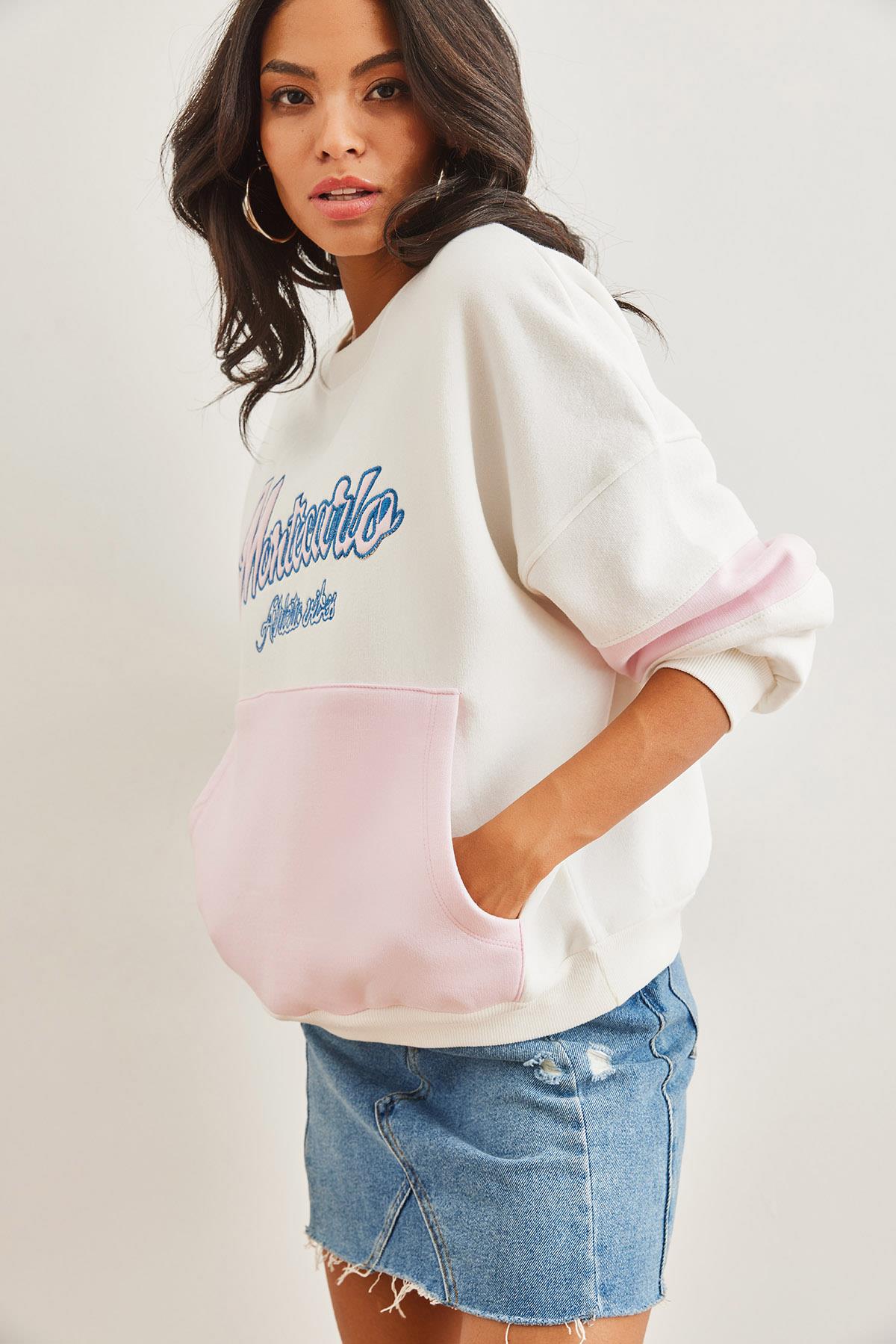 Renkli Kanguru Cepli Şardonlu Sweatshirt Ekru