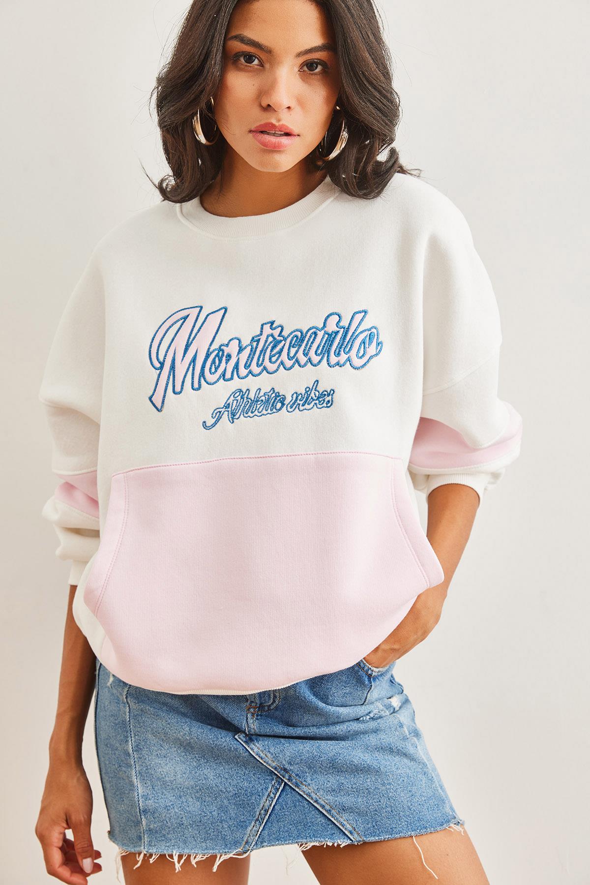 Renkli Kanguru Cepli Şardonlu Sweatshirt Ekru