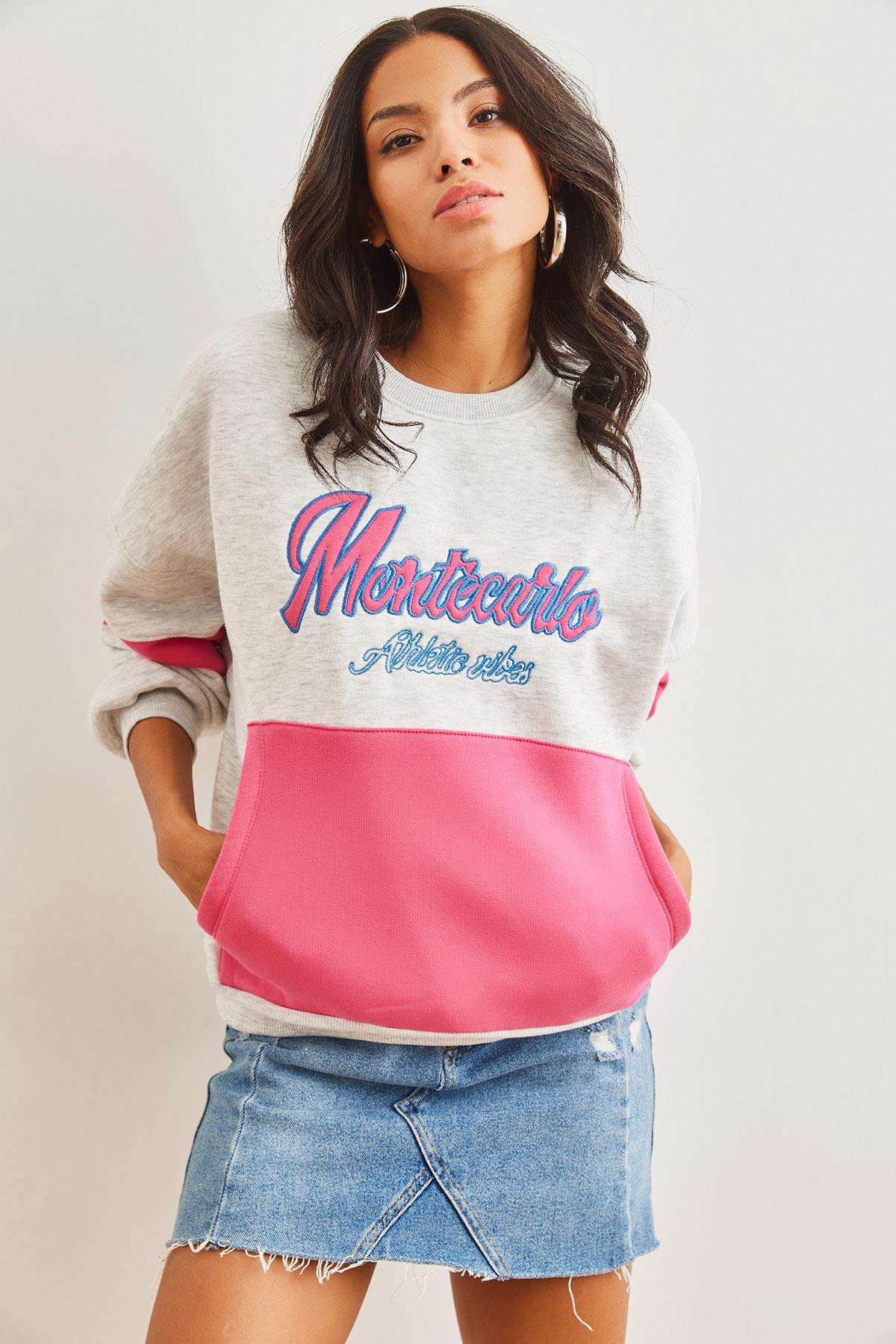 Renkli Kanguru Cepli Şardonlu Sweatshirt Gri Melanj