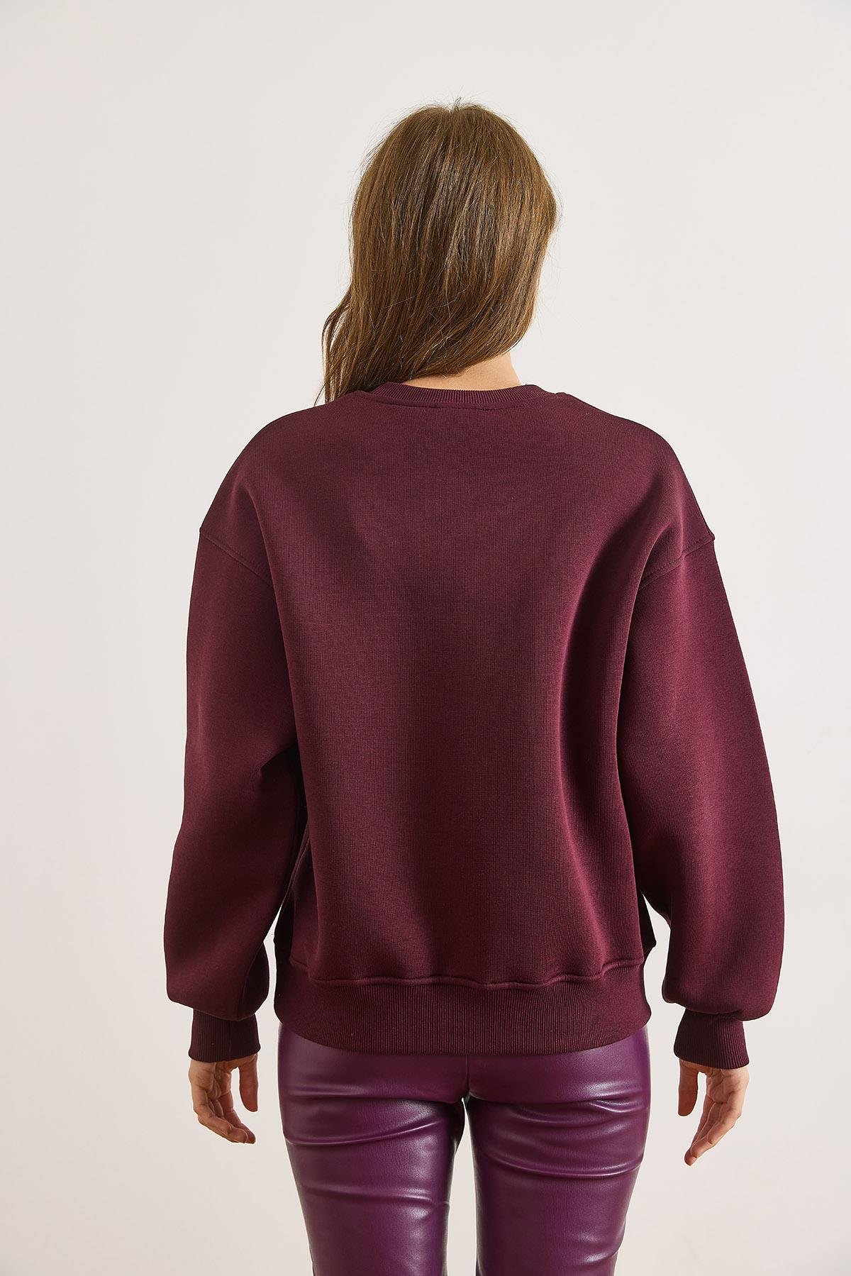 Renkli Nakışlı Şardonlu Sweatshirt Bordo