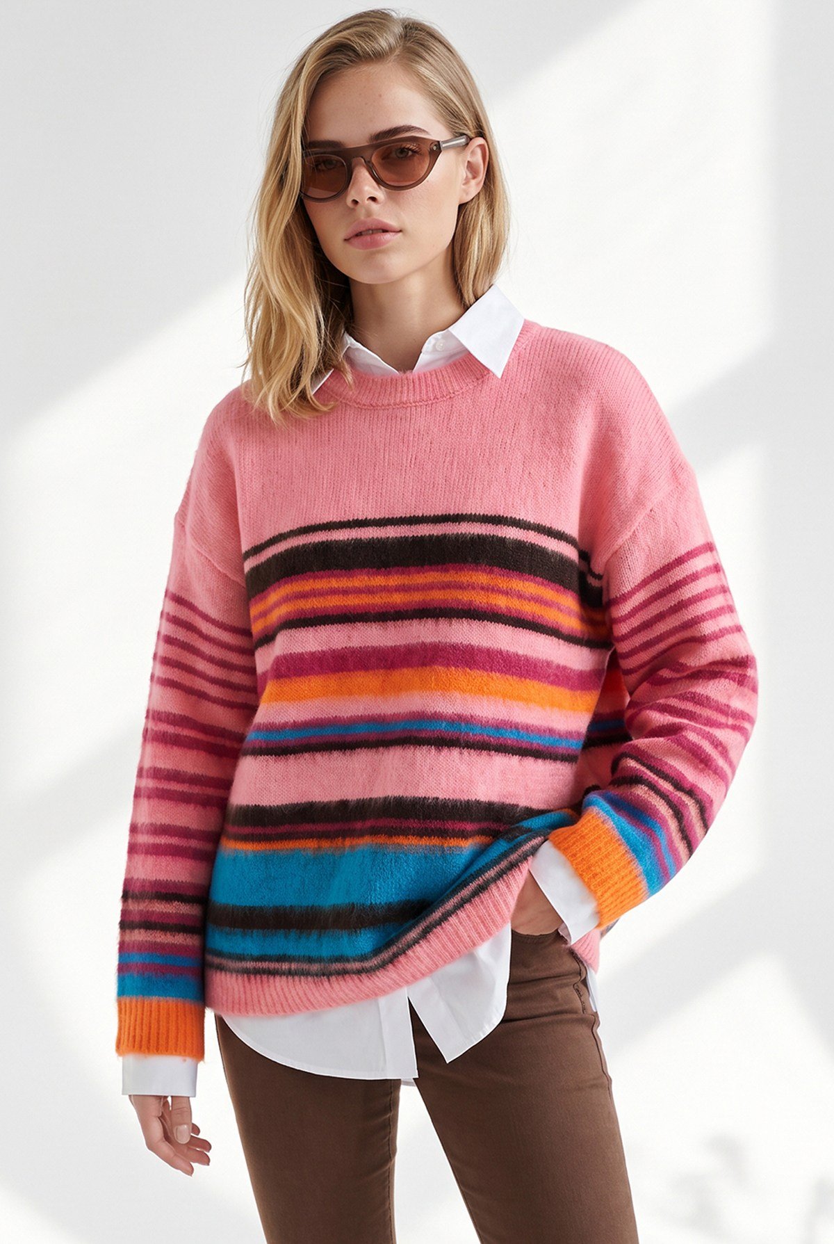 Renkli Şeritli Şardonlu Oversize Kazak Pembe