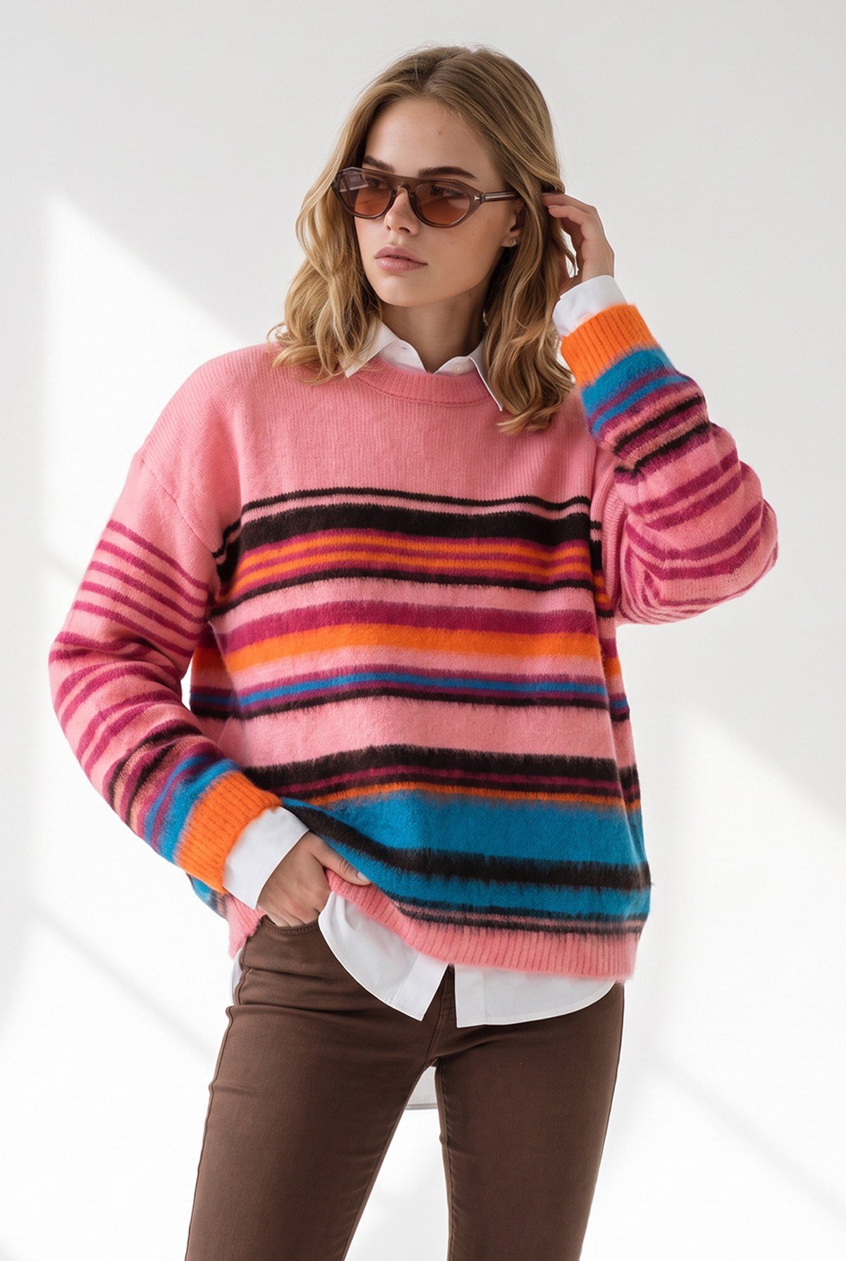 Renkli Şeritli Şardonlu Oversize Kazak Pembe