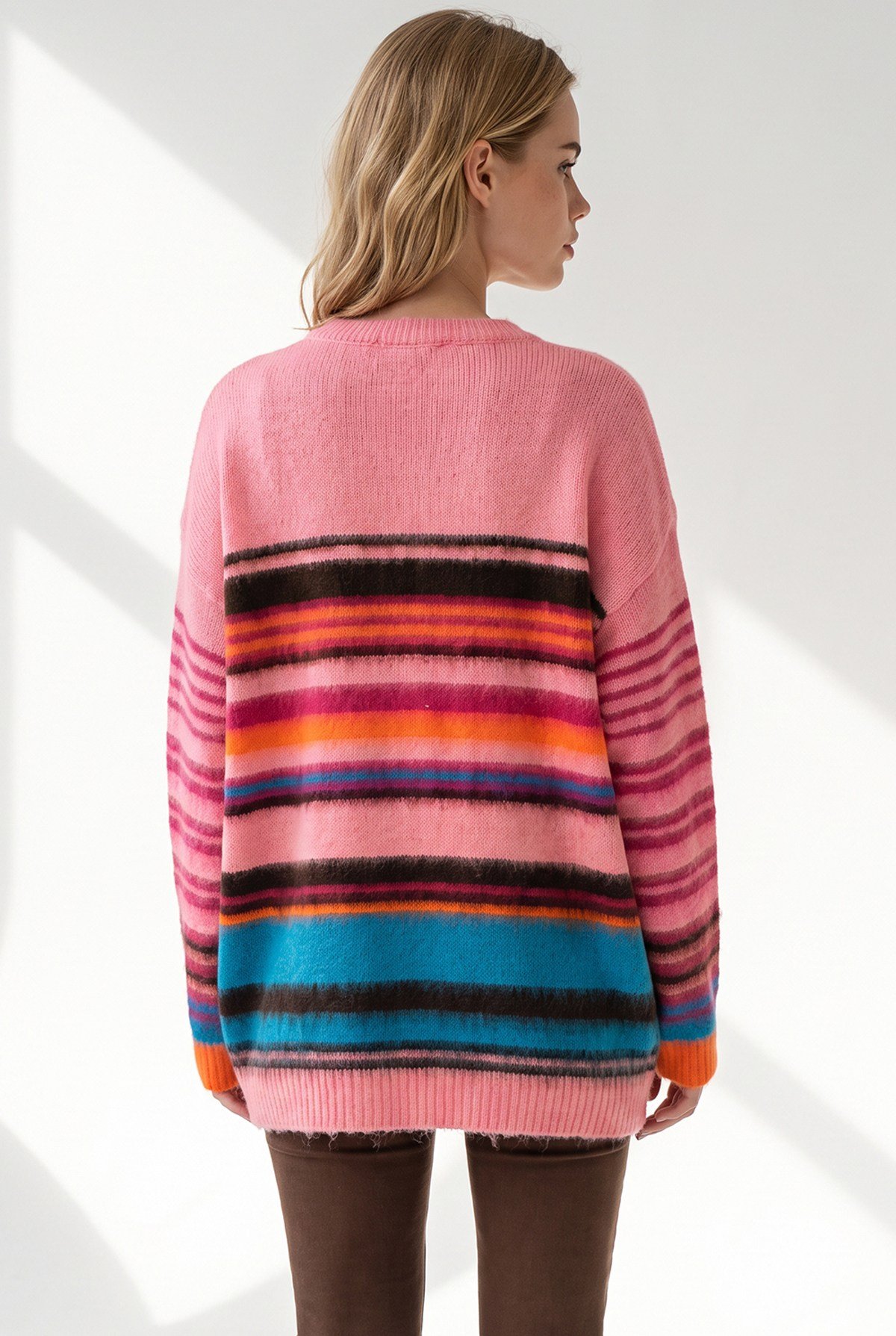 Renkli Şeritli Şardonlu Oversize Kazak Pembe