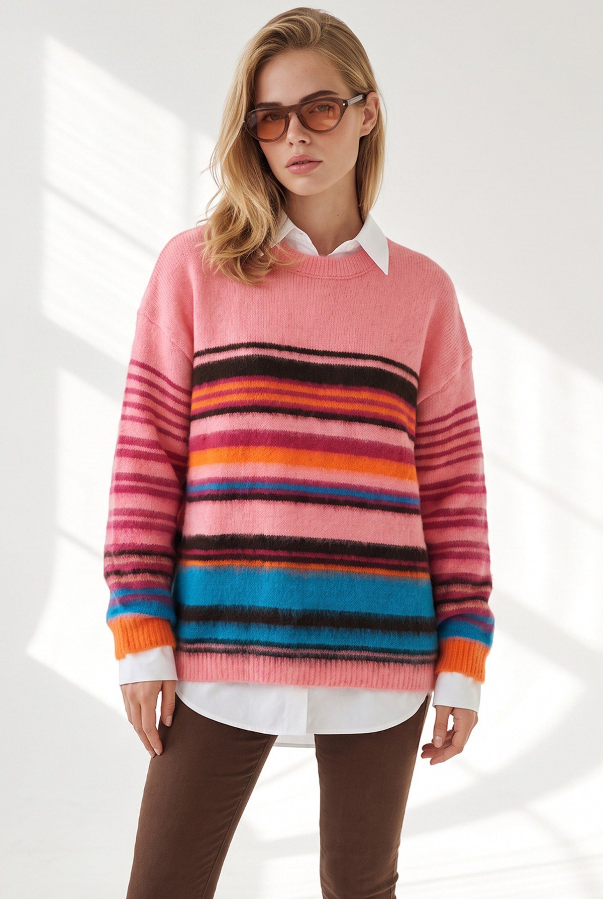 Renkli Şeritli Şardonlu Oversize Kazak Pembe
