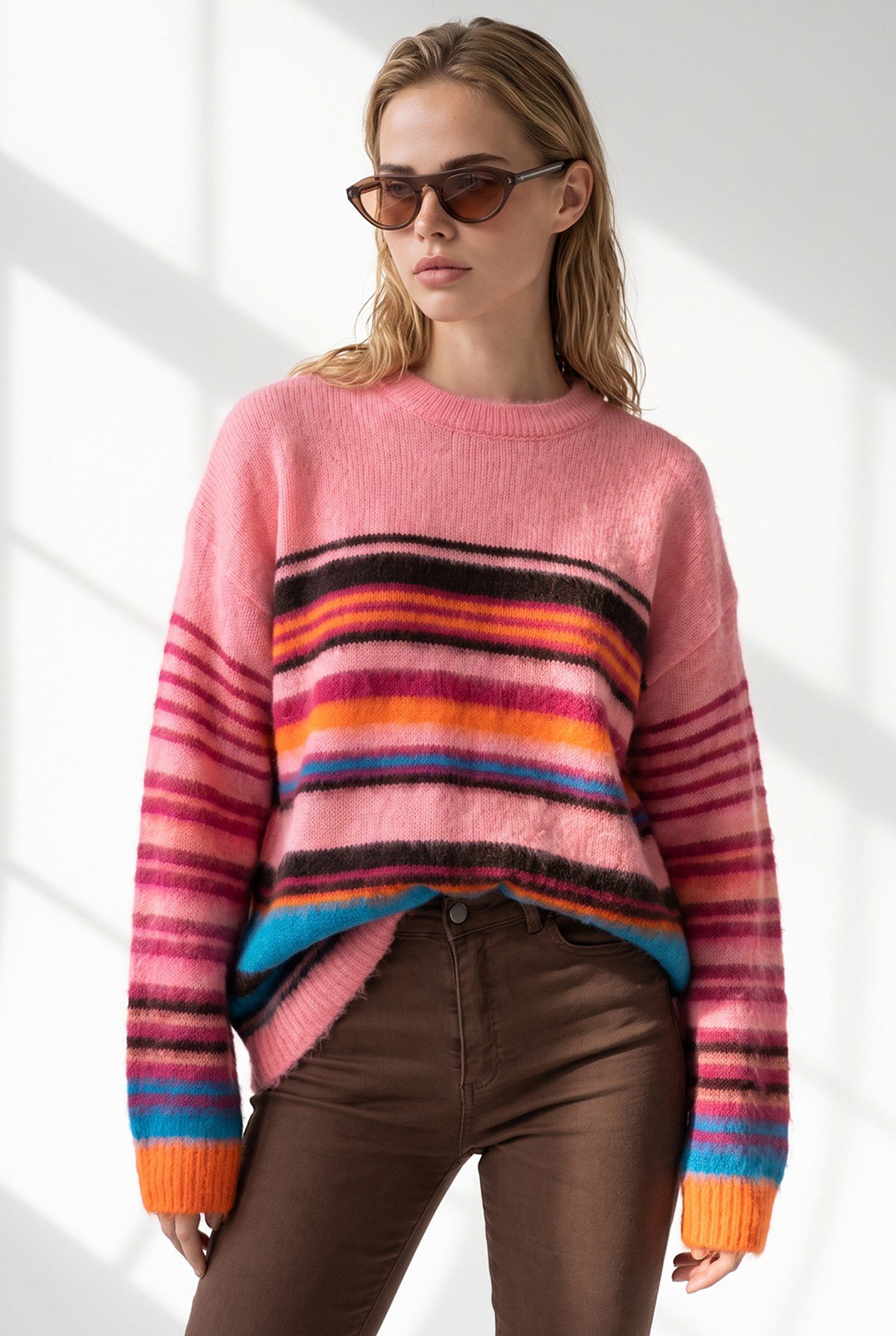 Renkli Şeritli Şardonlu Oversize Kazak Pembe