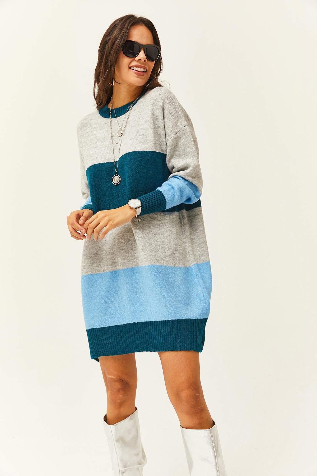 Renkli Şeritli Yumuşak Dokulu Mini Tunik Elbise Gri