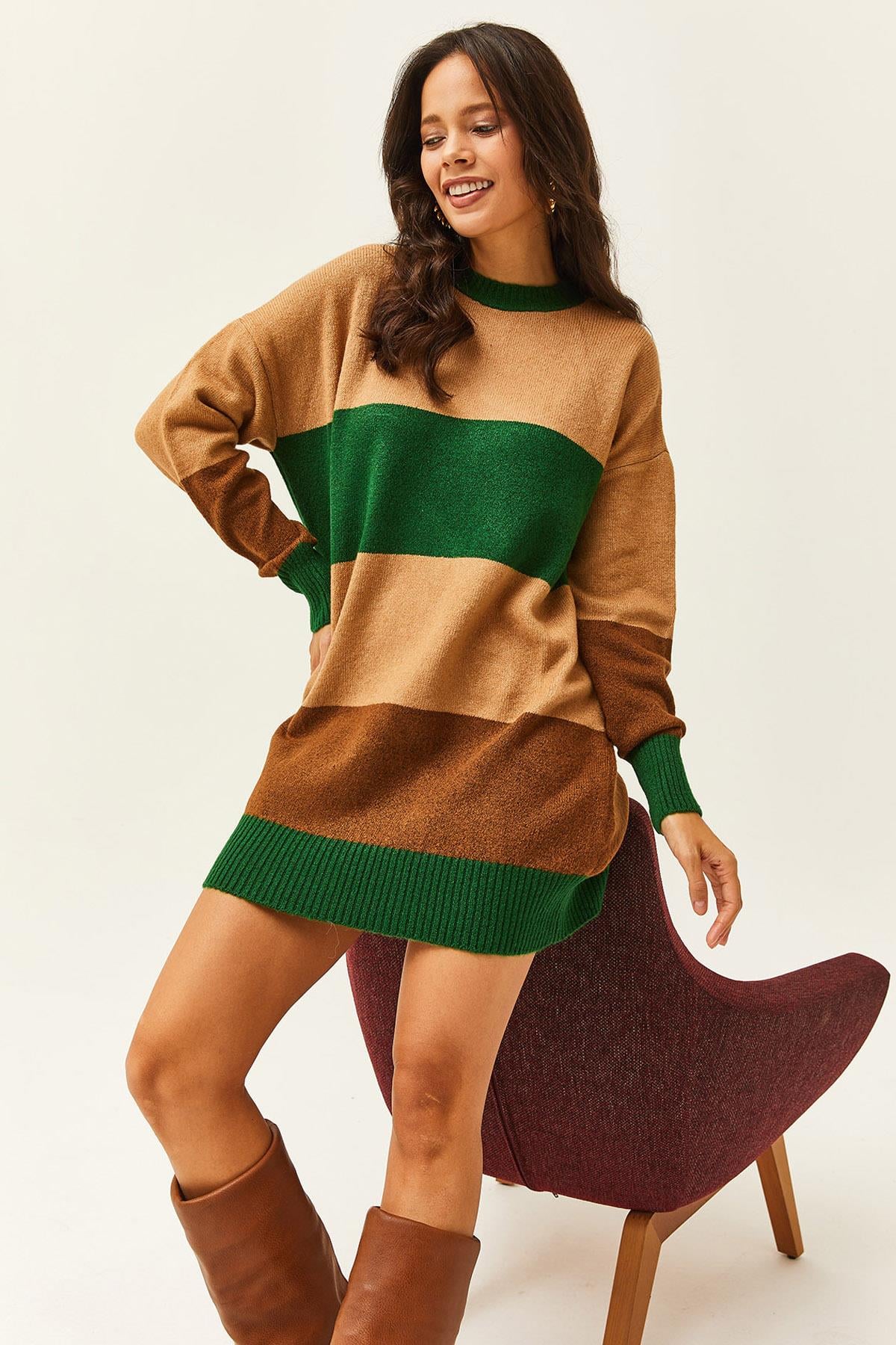 Renkli Şeritli Yumuşak Dokulu Mini Tunik Elbise Camel