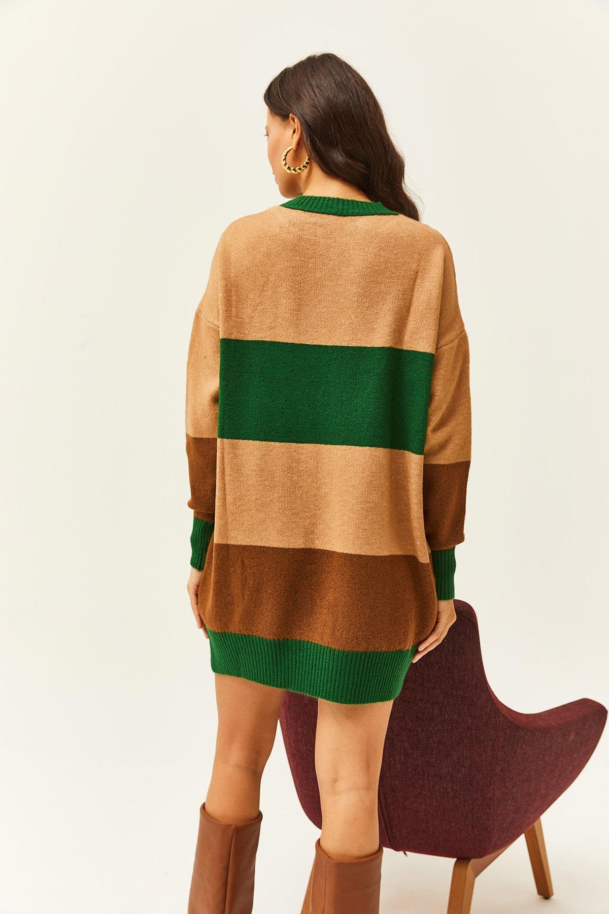 Renkli Şeritli Yumuşak Dokulu Mini Tunik Elbise Camel