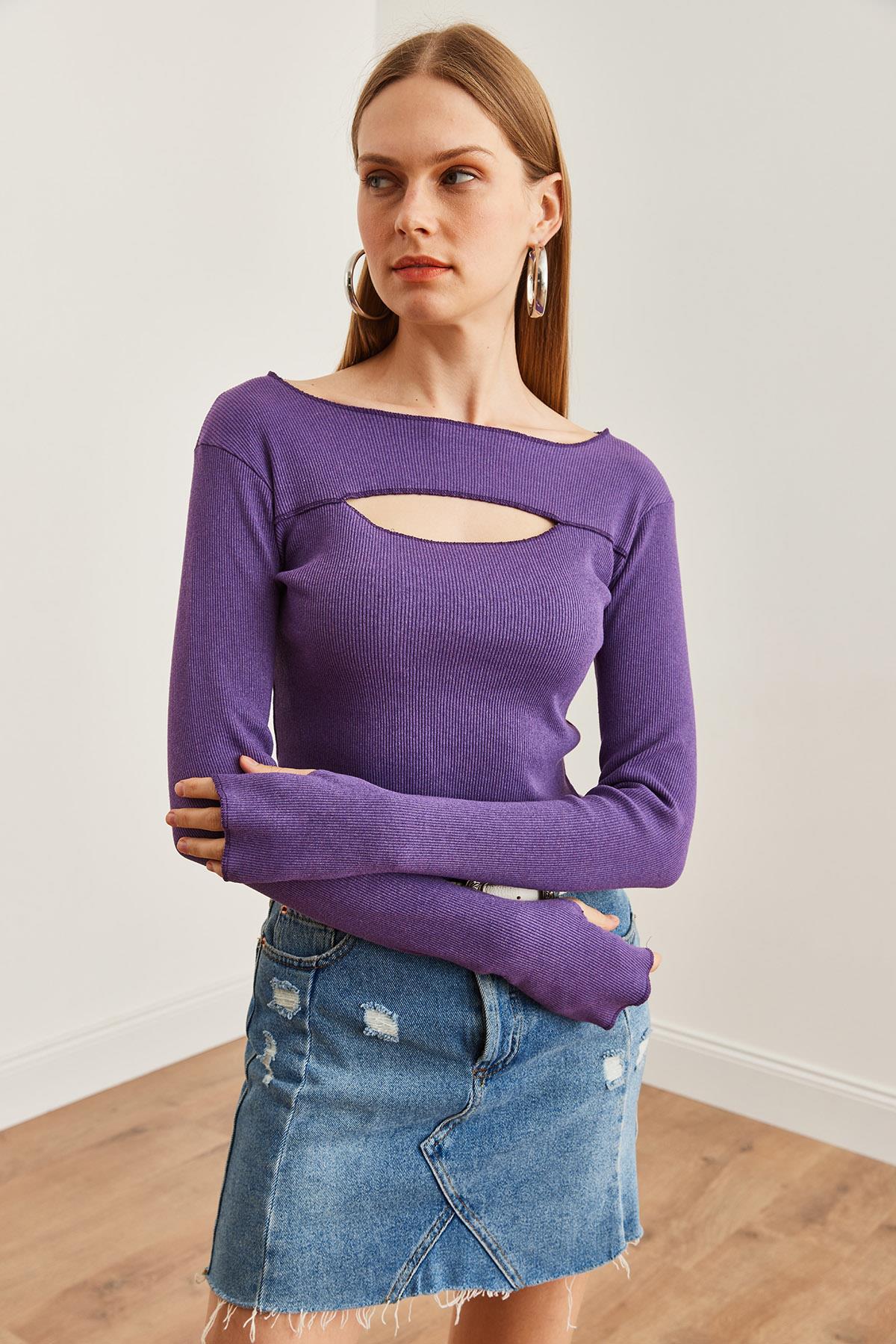 Roba Cut Out Parmak Detaylı Esnek Crop Bluz Mor