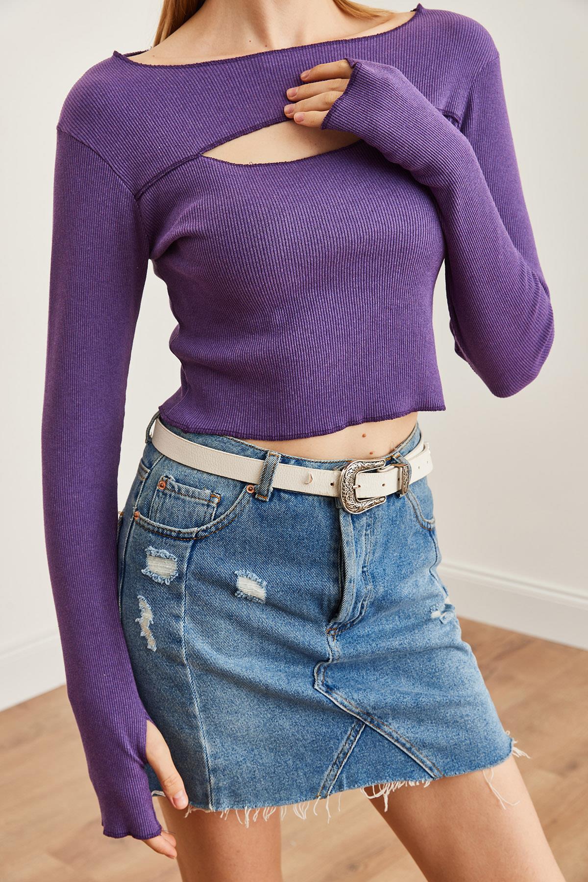 Roba Cut Out Parmak Detaylı Esnek Crop Bluz Mor
