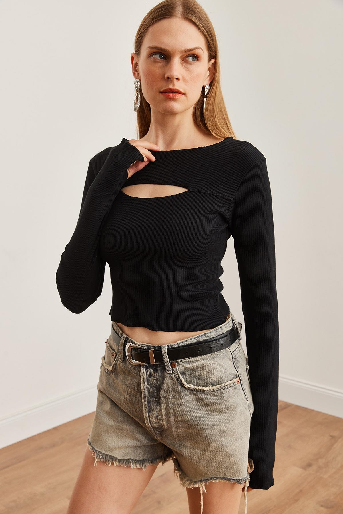 Roba Cut Out Parmak Detaylı Esnek Crop Bluz Siyah
