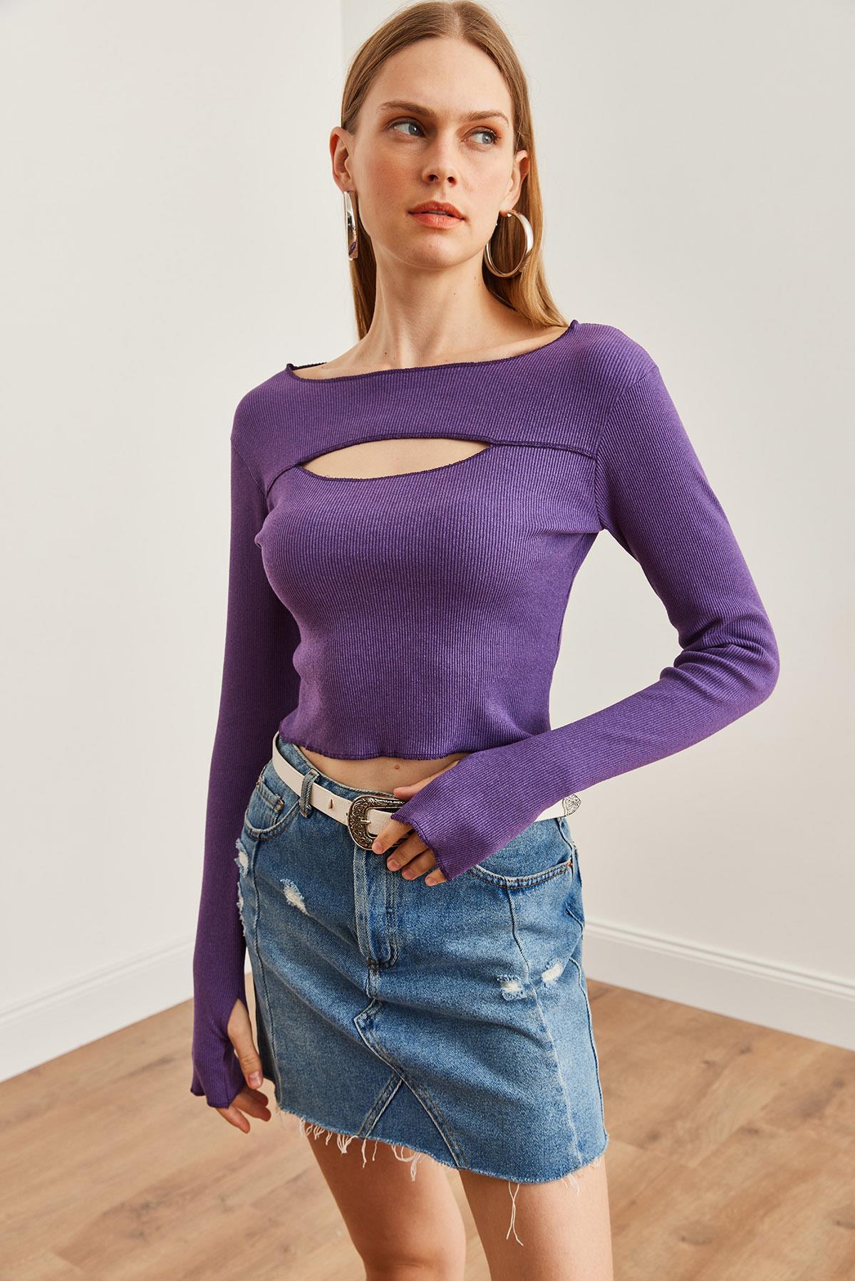Roba Cut Out Parmak Detaylı Esnek Crop Bluz Mor