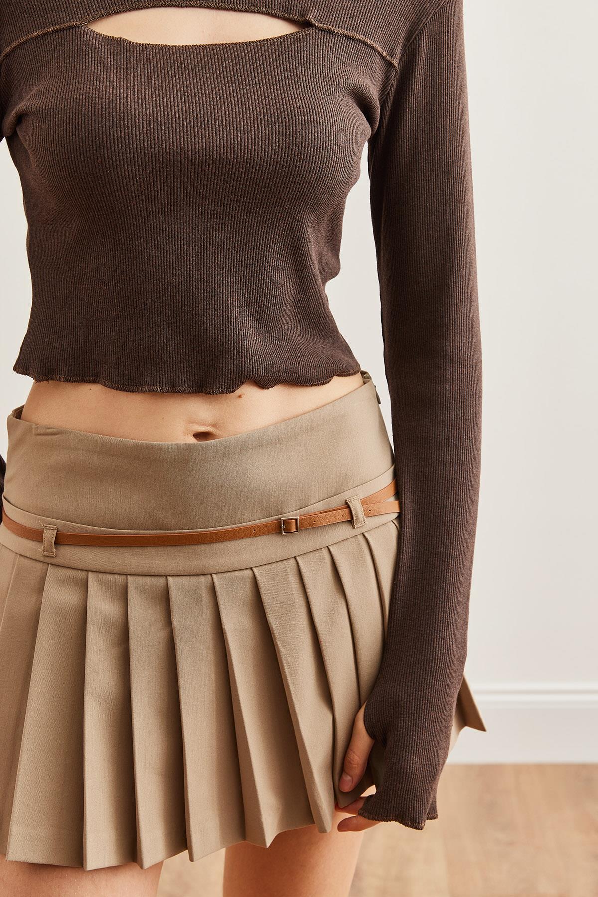 Roba Cut Out Parmak Detaylı Esnek Crop Bluz Acı Kahve