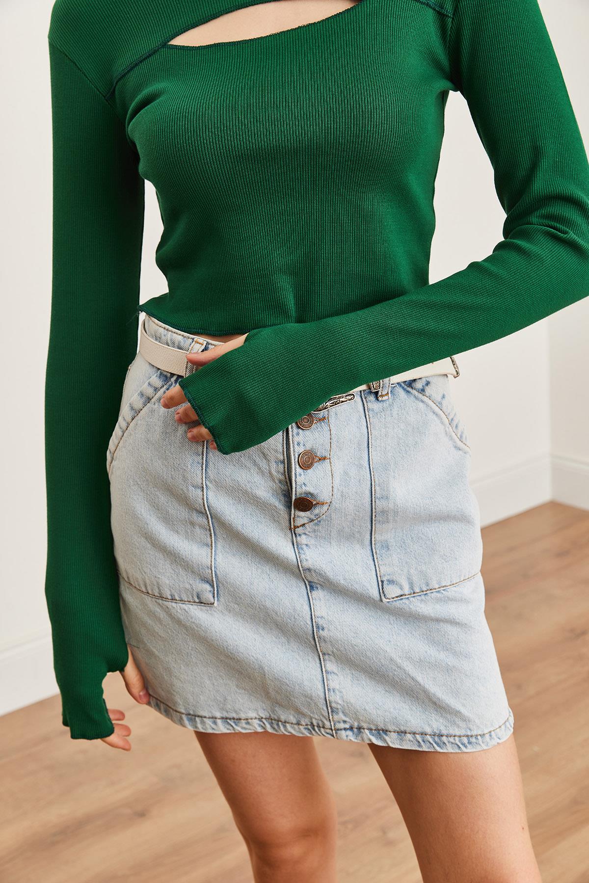 Roba Cut Out Parmak Detaylı Esnek Crop Bluz Zümrüt Yeşili