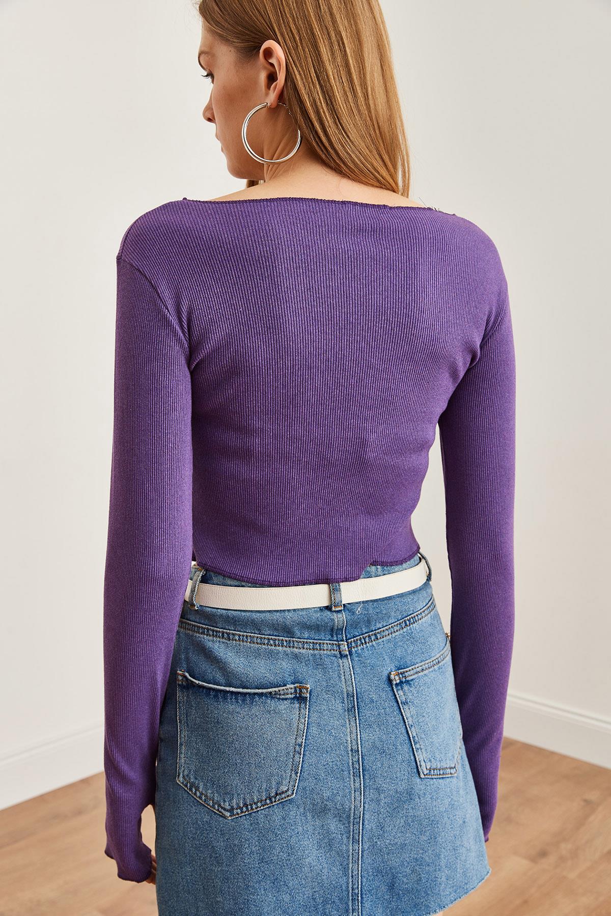 Roba Cut Out Parmak Detaylı Esnek Crop Bluz Mor