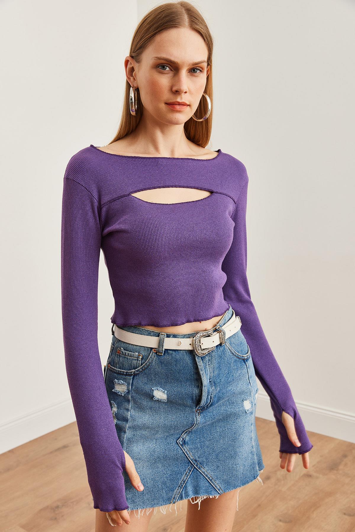 Roba Cut Out Parmak Detaylı Esnek Crop Bluz Mor