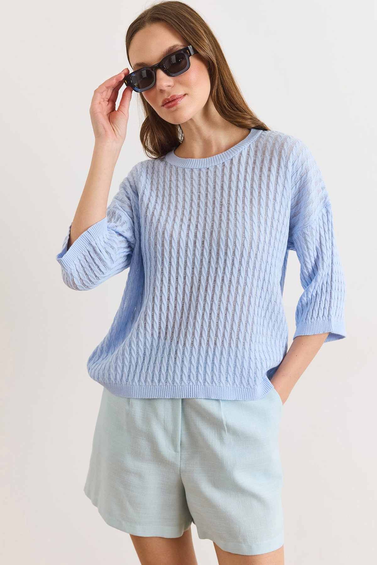 Saç Örgü Ajurlu Loose Fit Mevsimlik Triko Bluz Bebe Mavi