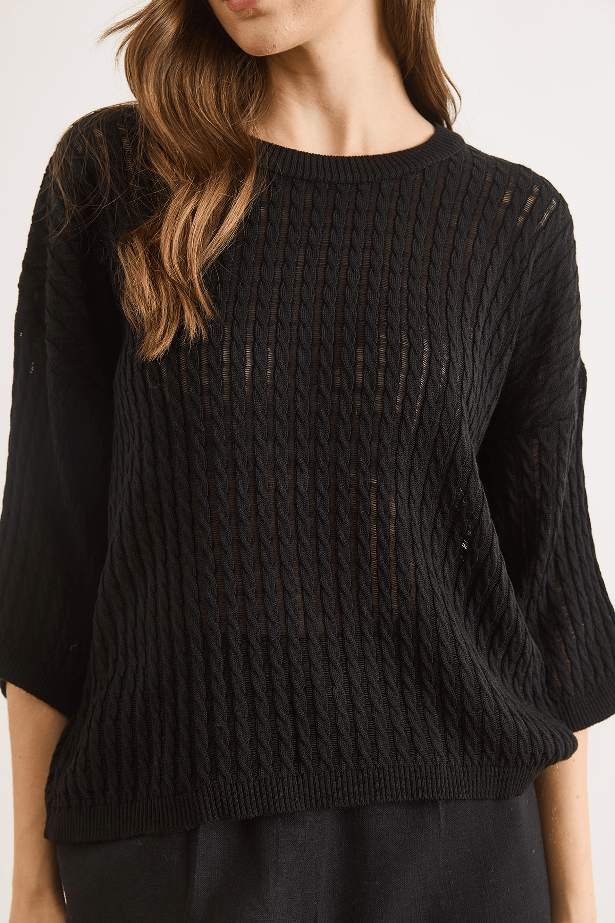 Saç Örgü Ajurlu Loose Fit Mevsimlik Triko Bluz Siyah