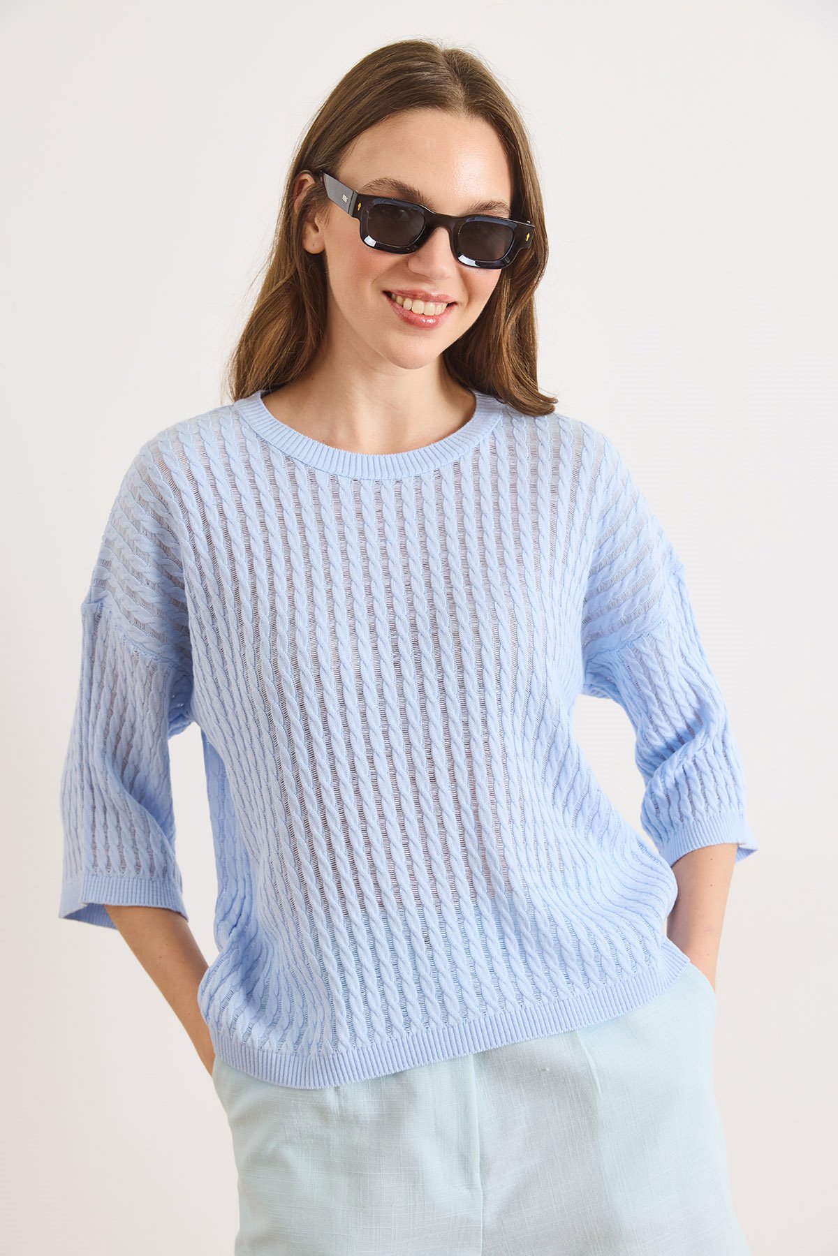 Saç Örgü Ajurlu Loose Fit Mevsimlik Triko Bluz Bebe Mavi