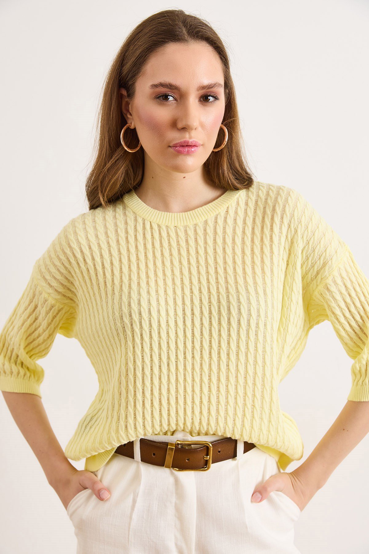 Saç Örgü Ajurlu Loose Fit Mevsimlik Triko Bluz Sarı