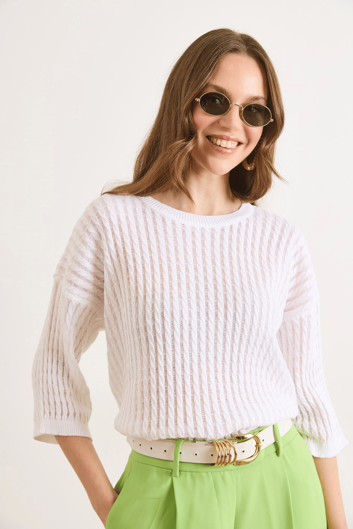 Saç Örgü Ajurlu Loose Fit Mevsimlik Triko Bluz Beyaz