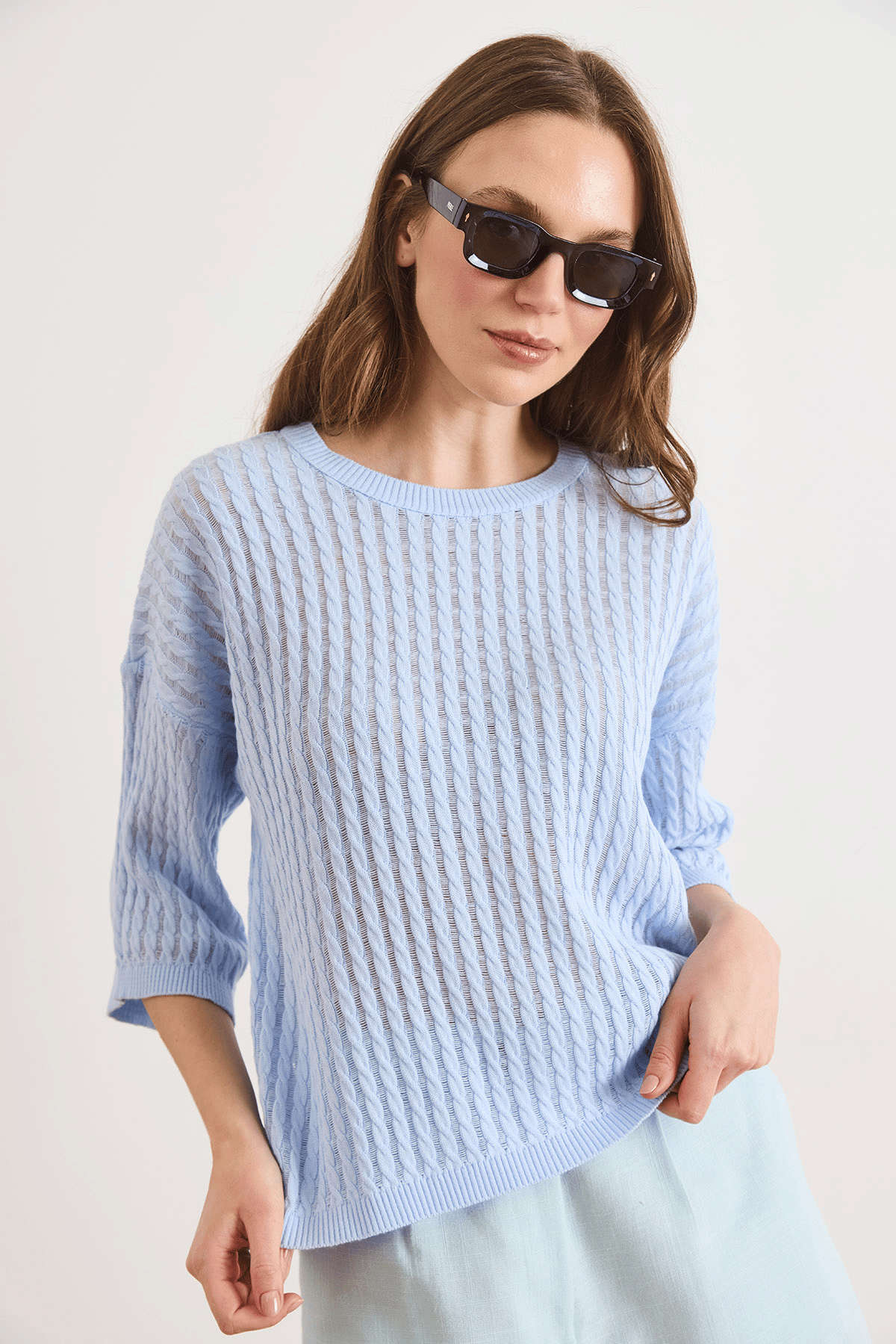 Saç Örgü Ajurlu Loose Fit Mevsimlik Triko Bluz Bebe Mavi