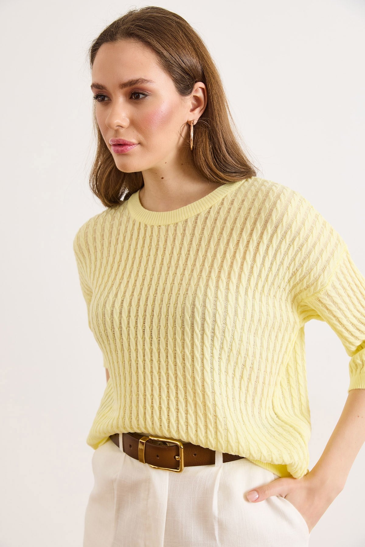 Saç Örgü Ajurlu Loose Fit Mevsimlik Triko Bluz Sarı