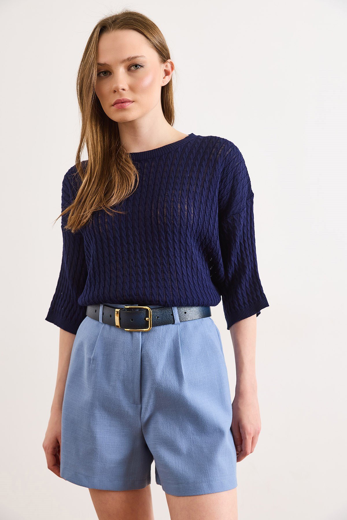 Saç Örgü Ajurlu Loose Fit Mevsimlik Triko Bluz Lacivert