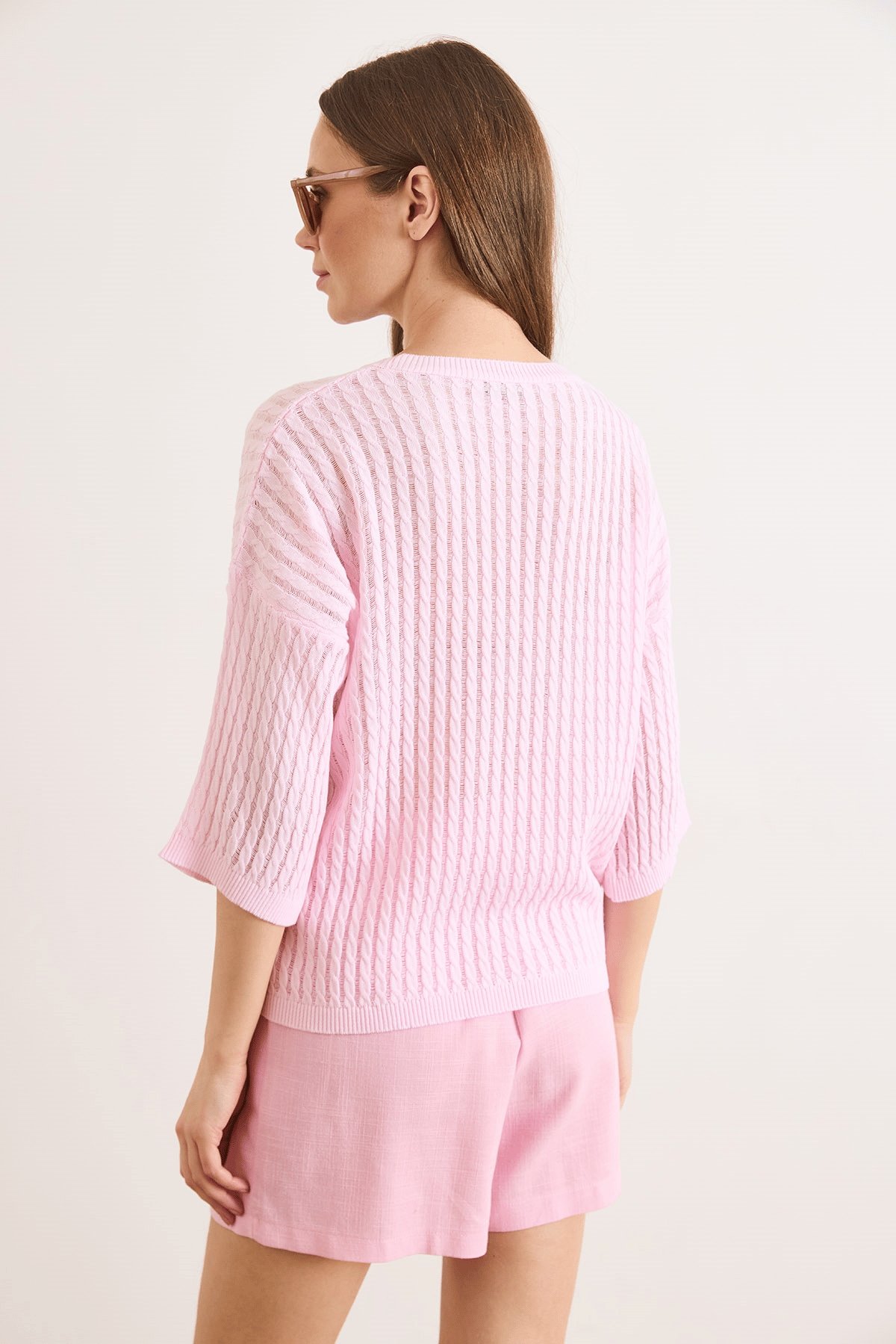Saç Örgü Ajurlu Loose Fit Mevsimlik Triko Bluz Şeker Pembe