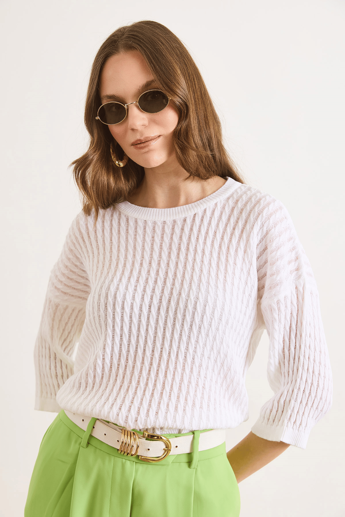 Saç Örgü Ajurlu Loose Fit Mevsimlik Triko Bluz Beyaz