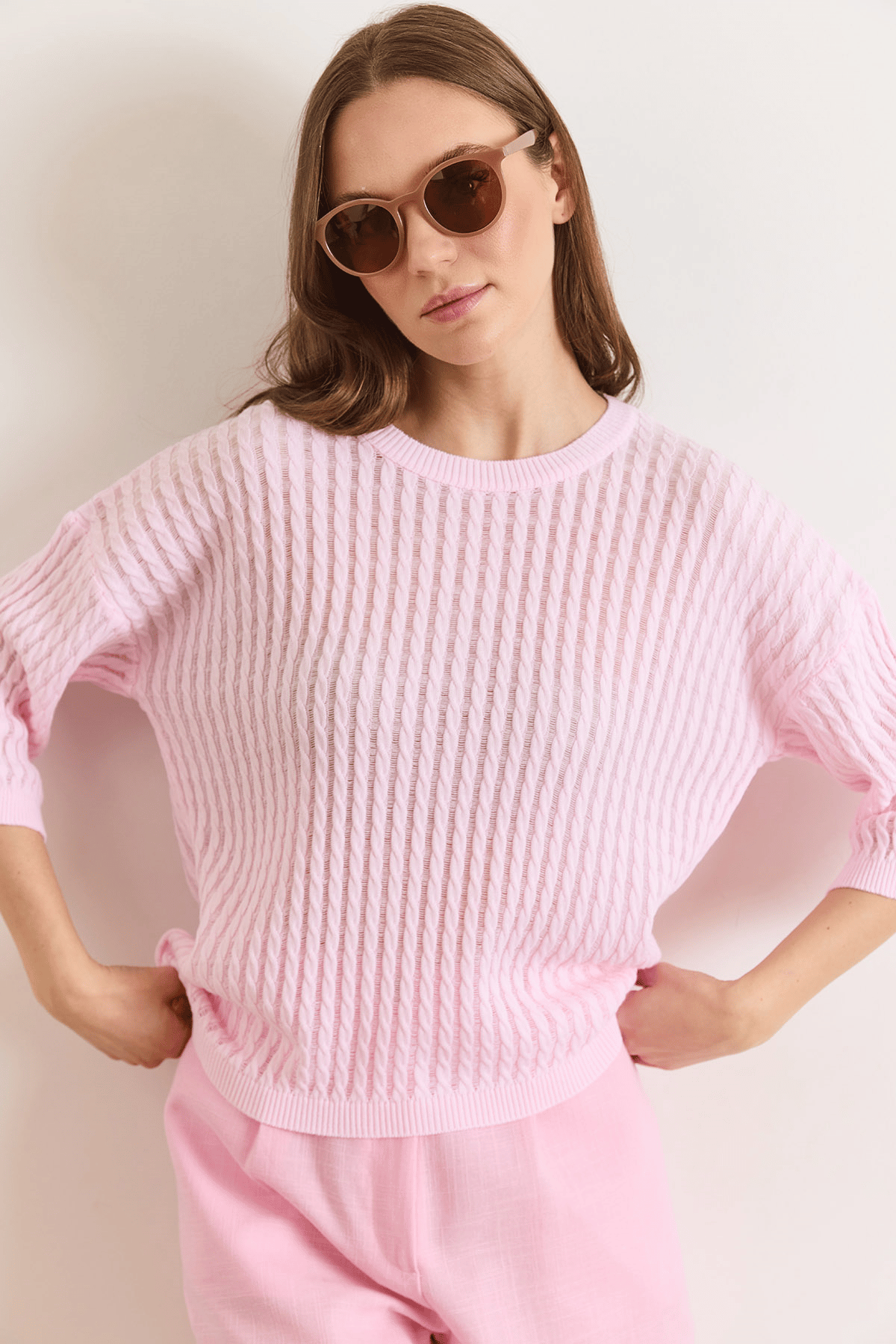 Saç Örgü Ajurlu Loose Fit Mevsimlik Triko Bluz Şeker Pembe
