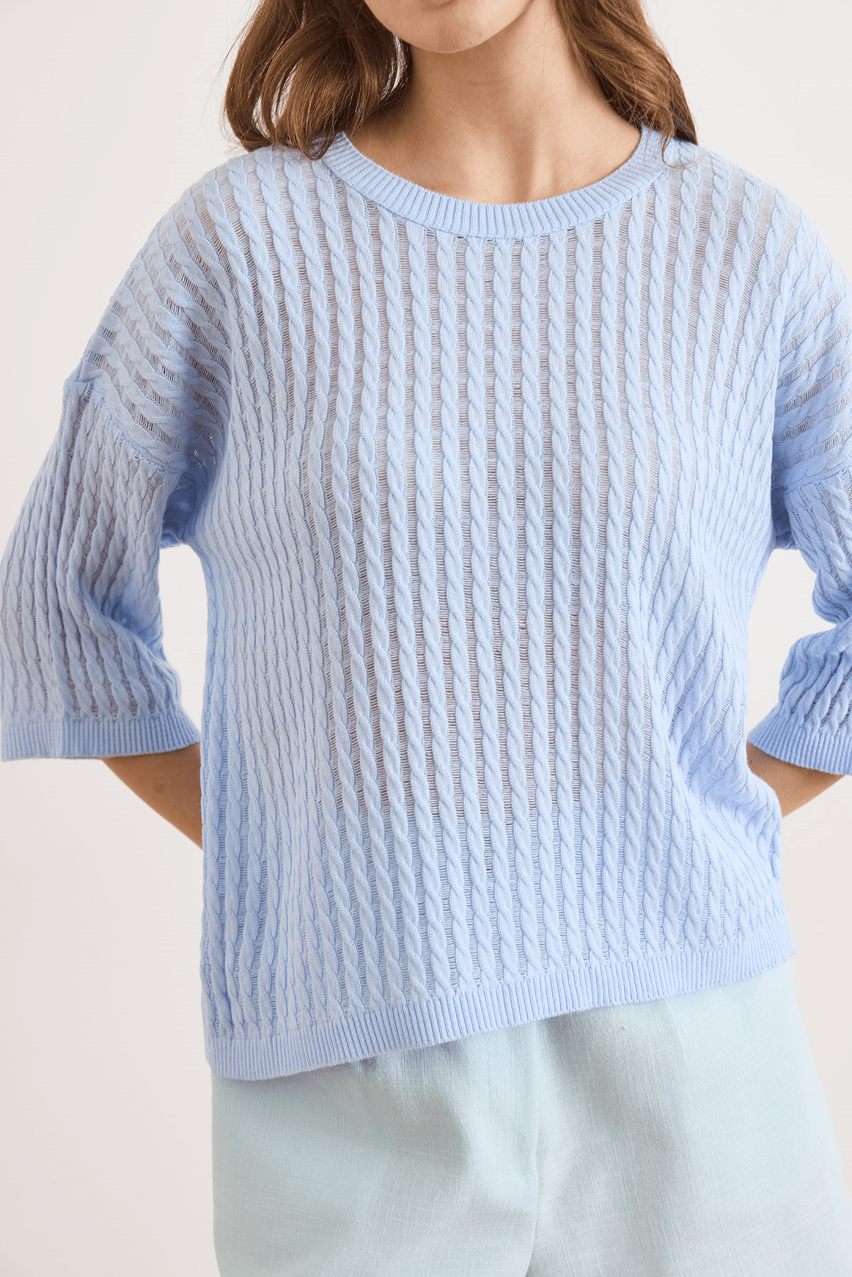 Saç Örgü Ajurlu Loose Fit Mevsimlik Triko Bluz Bebe Mavi