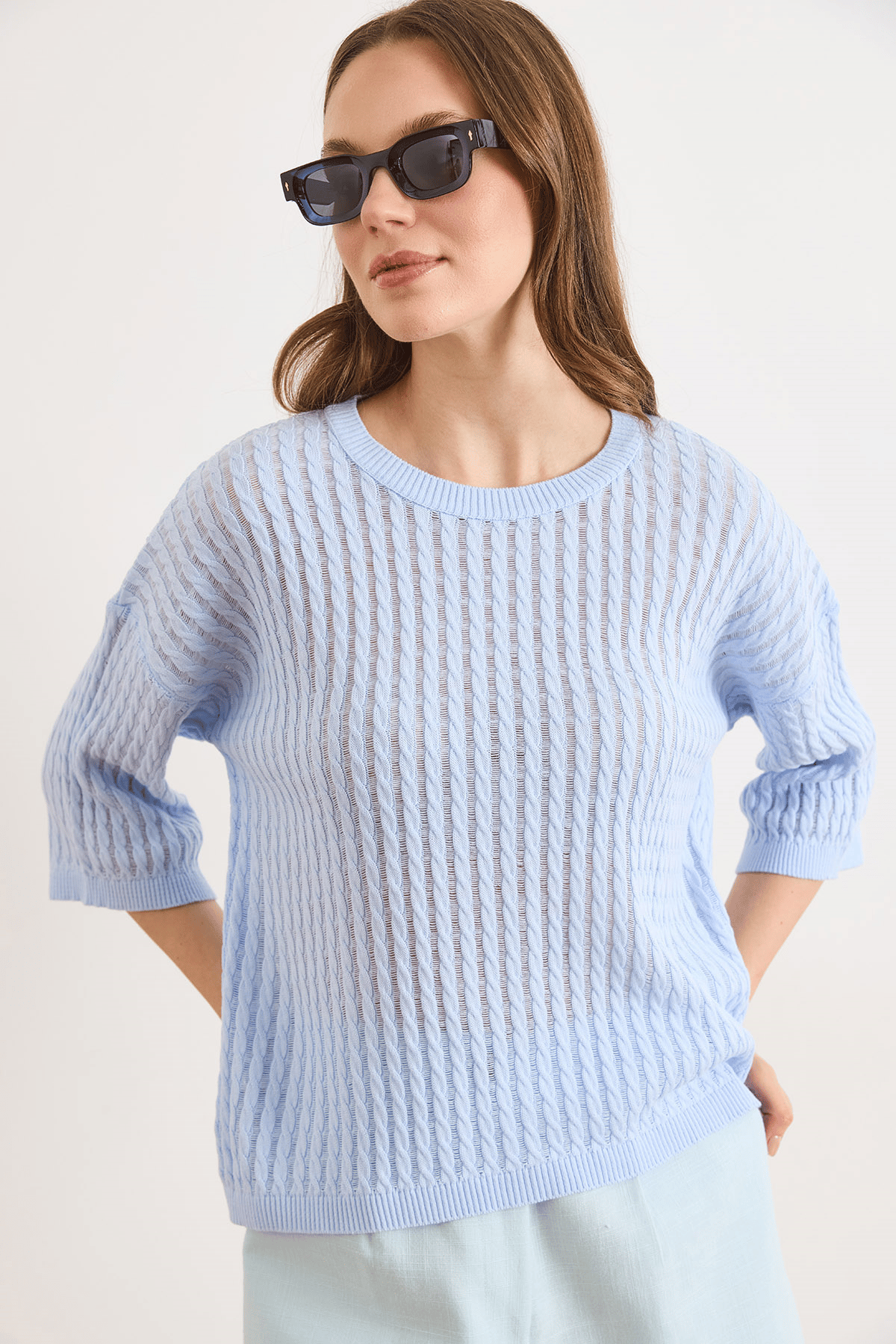 Saç Örgü Ajurlu Loose Fit Mevsimlik Triko Bluz Bebe Mavi