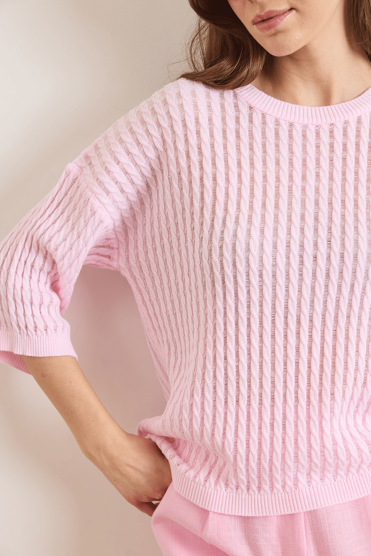 Saç Örgü Ajurlu Loose Fit Mevsimlik Triko Bluz Şeker Pembe