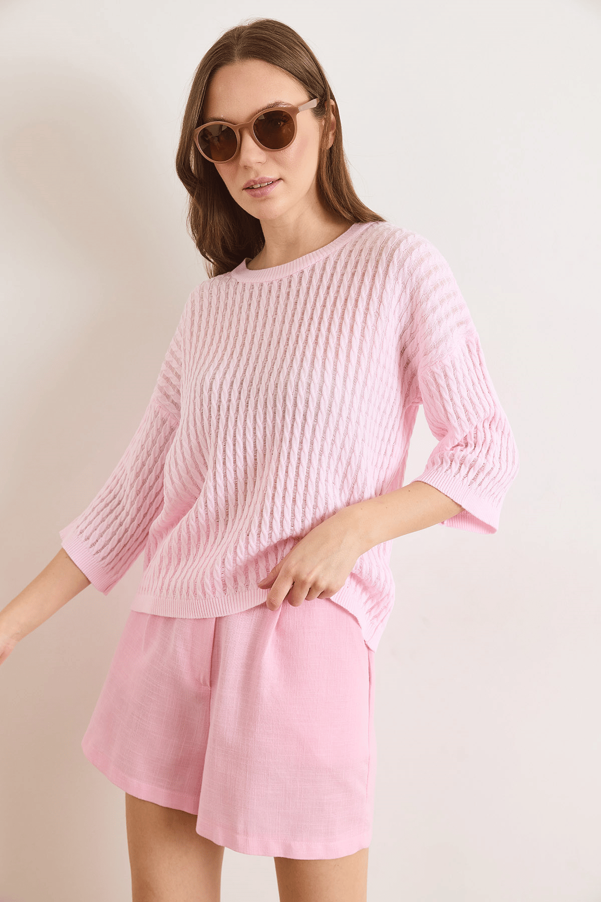 Saç Örgü Ajurlu Loose Fit Mevsimlik Triko Bluz Şeker Pembe