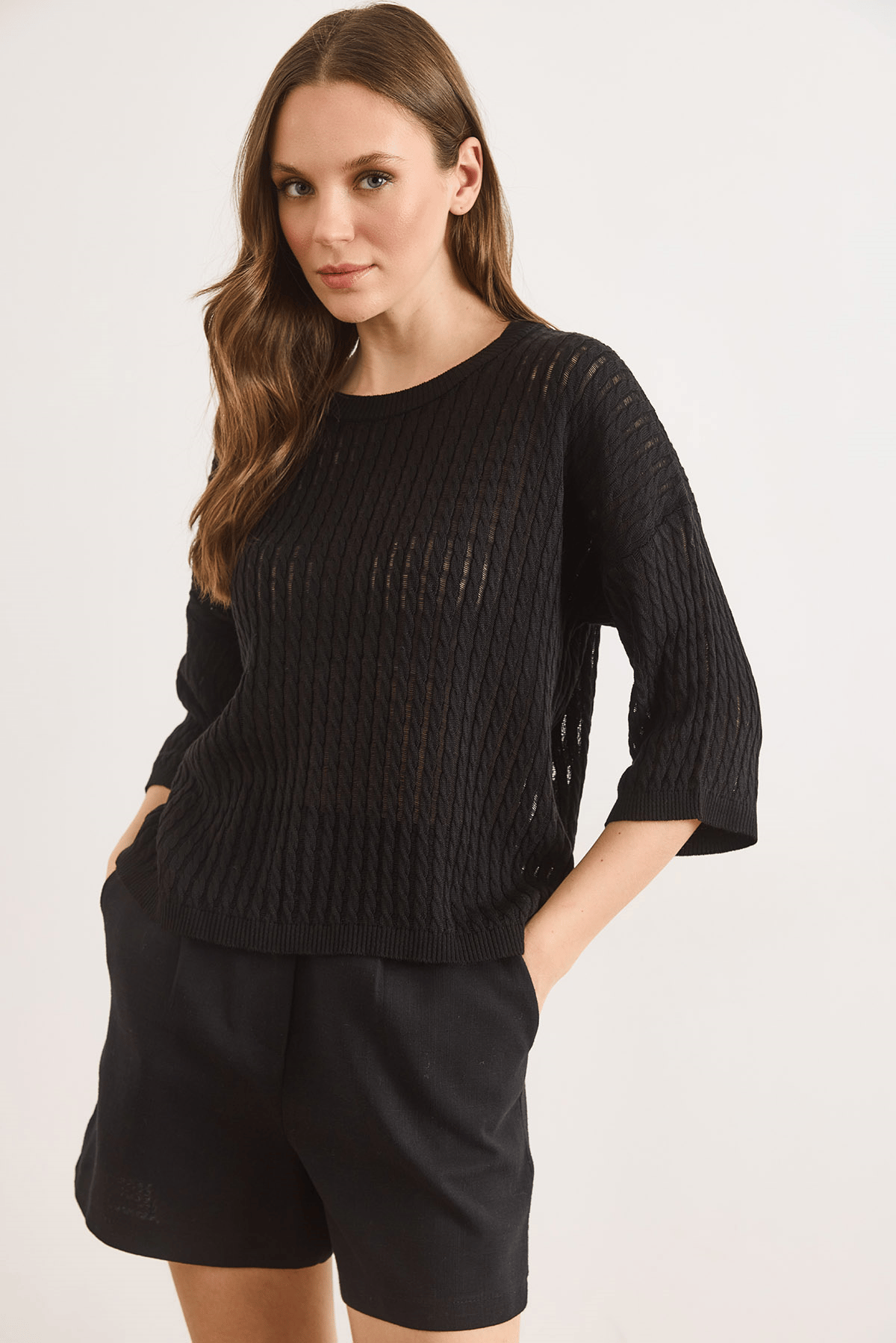 Saç Örgü Ajurlu Loose Fit Mevsimlik Triko Bluz Siyah
