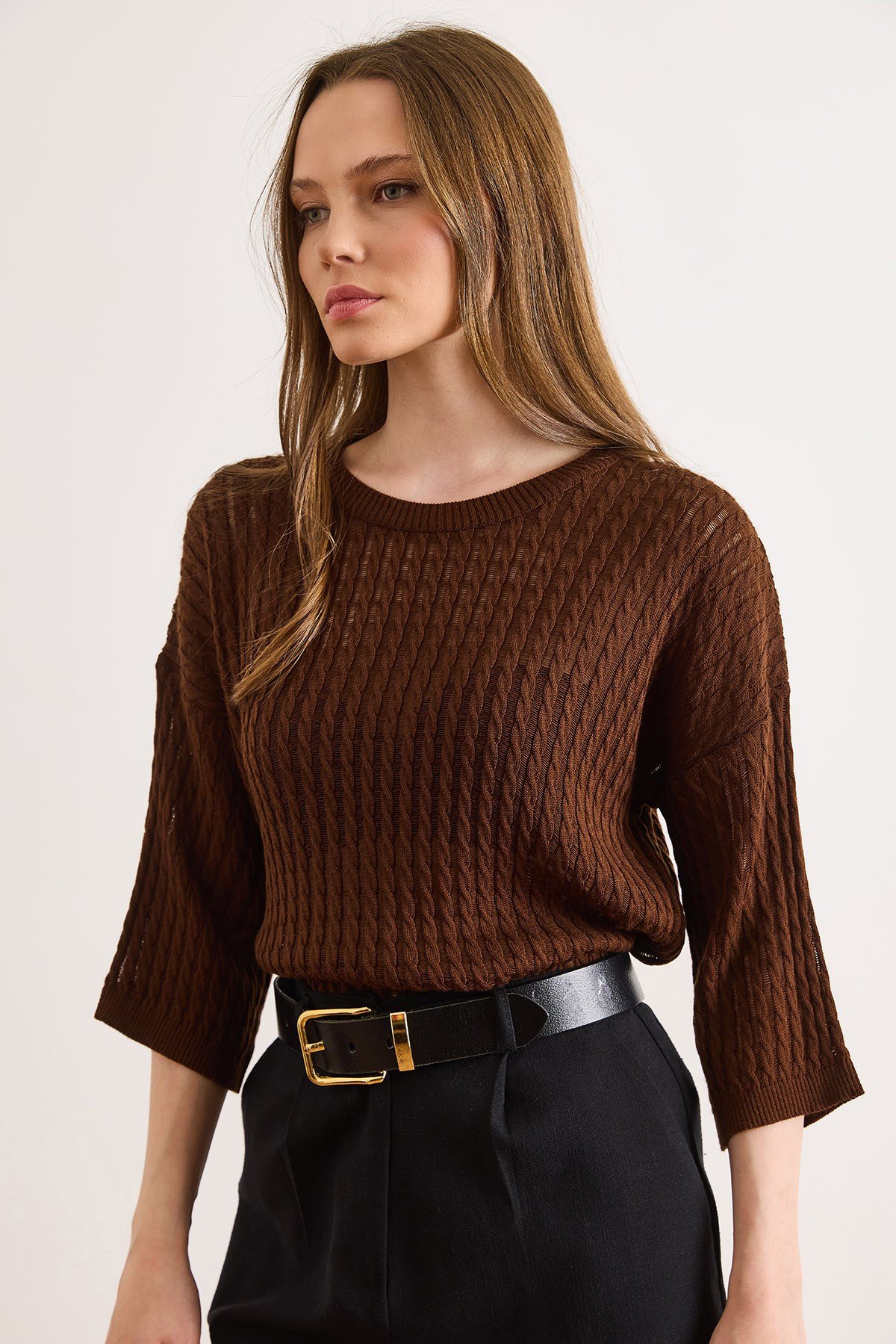 Saç Örgü Ajurlu Loose Fit Mevsimlik Triko Bluz Acı Kahve