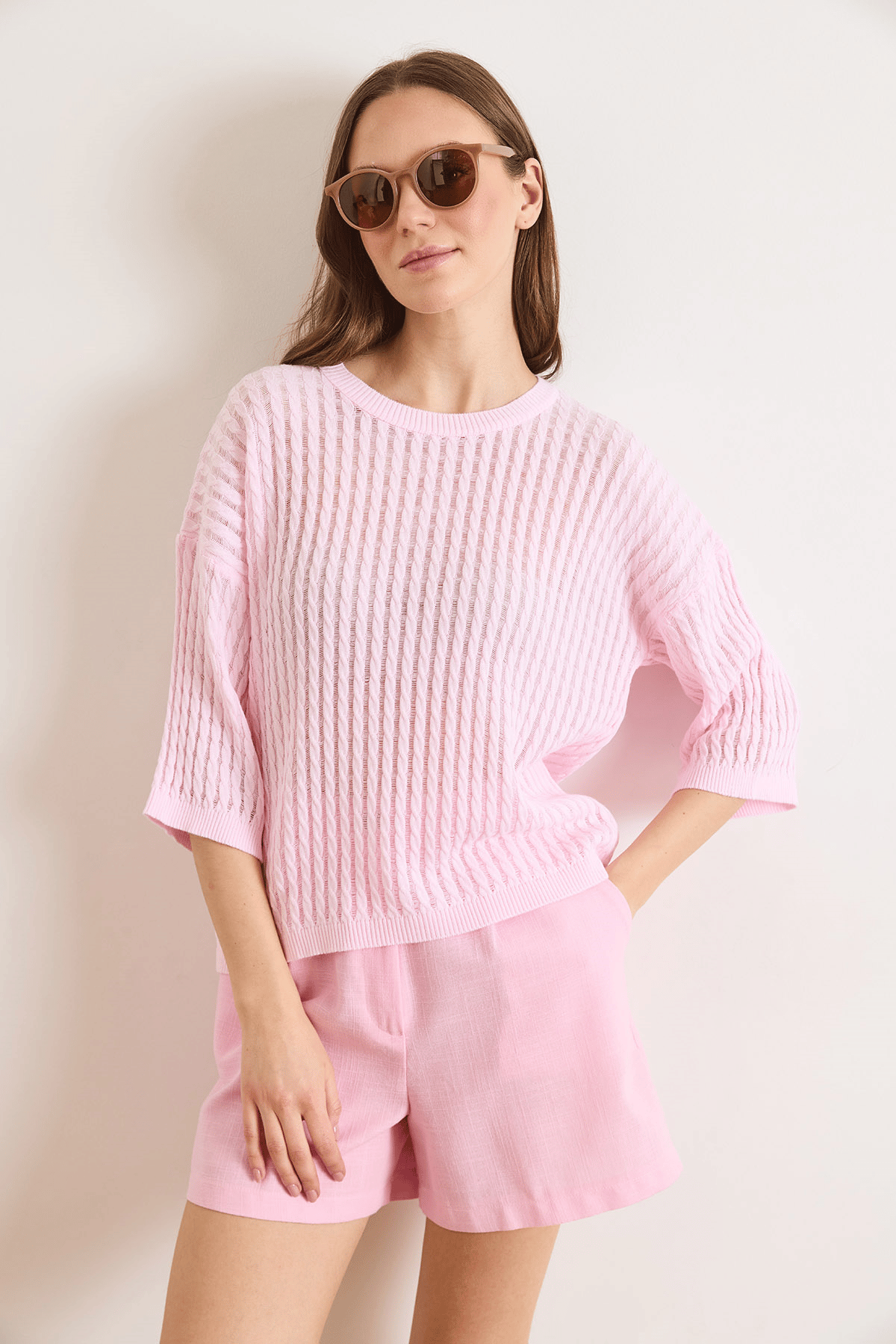 Saç Örgü Ajurlu Loose Fit Mevsimlik Triko Bluz Şeker Pembe