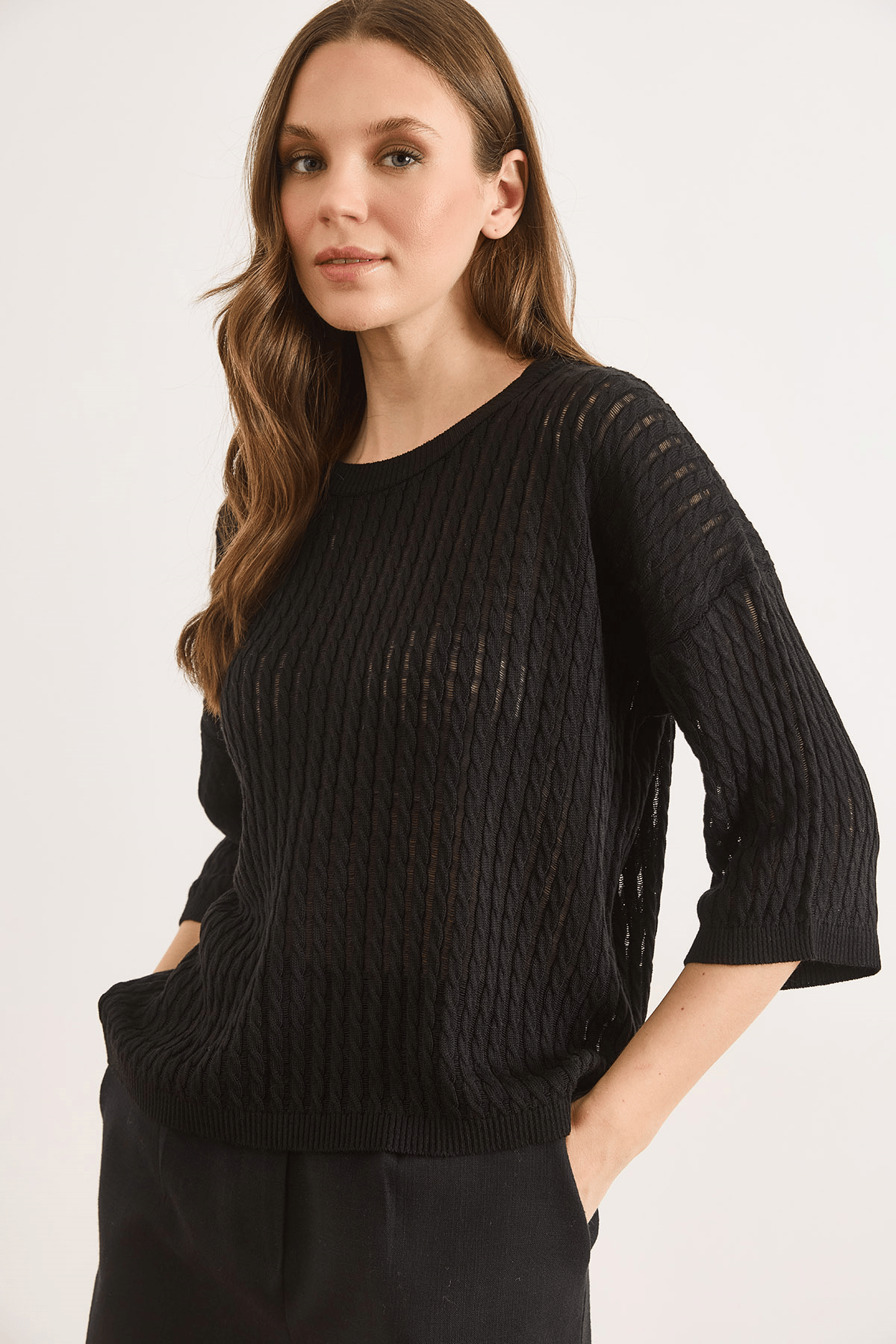 Saç Örgü Ajurlu Loose Fit Mevsimlik Triko Bluz Siyah