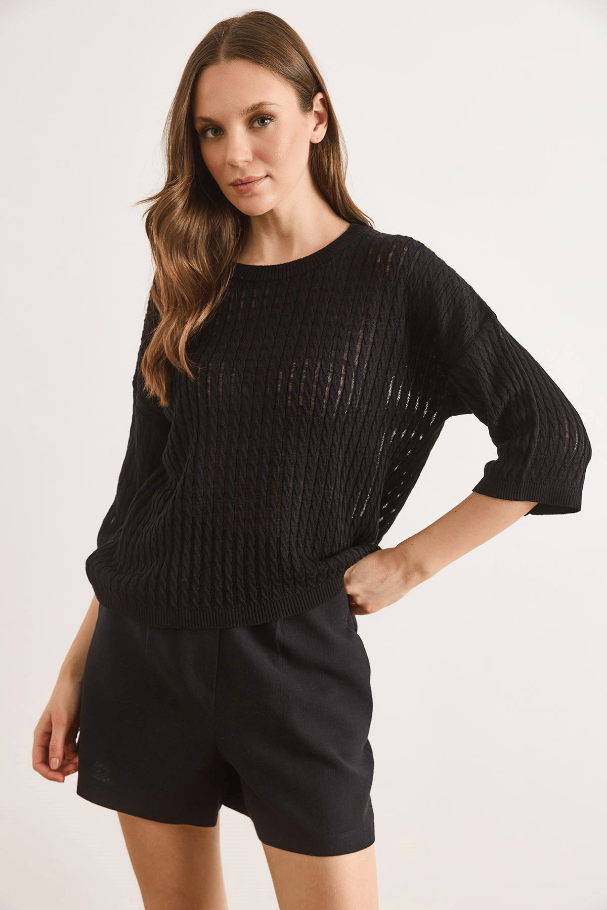 Saç Örgü Ajurlu Loose Fit Mevsimlik Triko Bluz Siyah