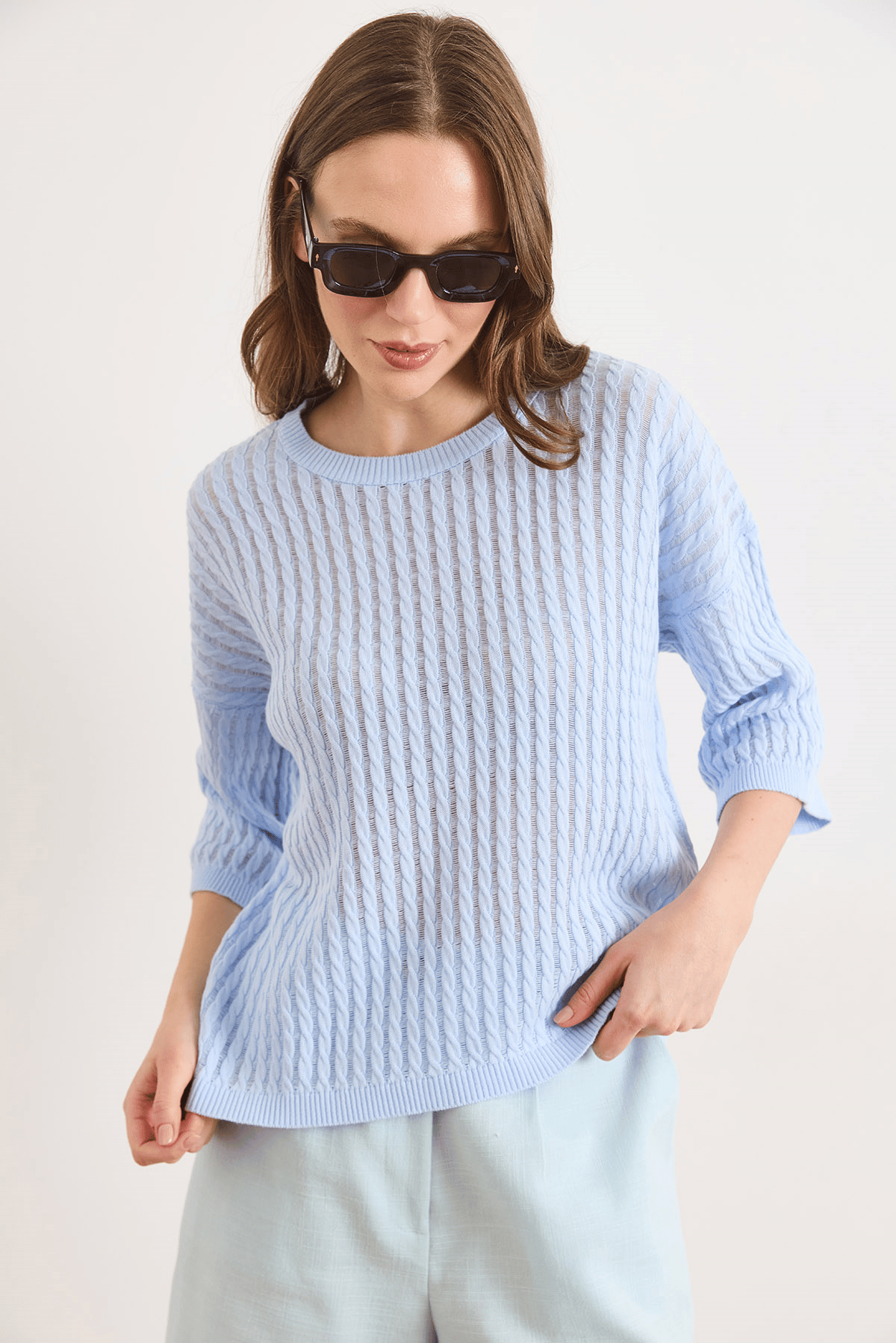 Saç Örgü Ajurlu Loose Fit Mevsimlik Triko Bluz Bebe Mavi