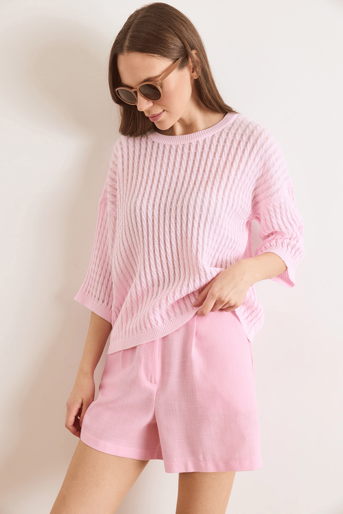 Saç Örgü Ajurlu Loose Fit Mevsimlik Triko Bluz Şeker Pembe