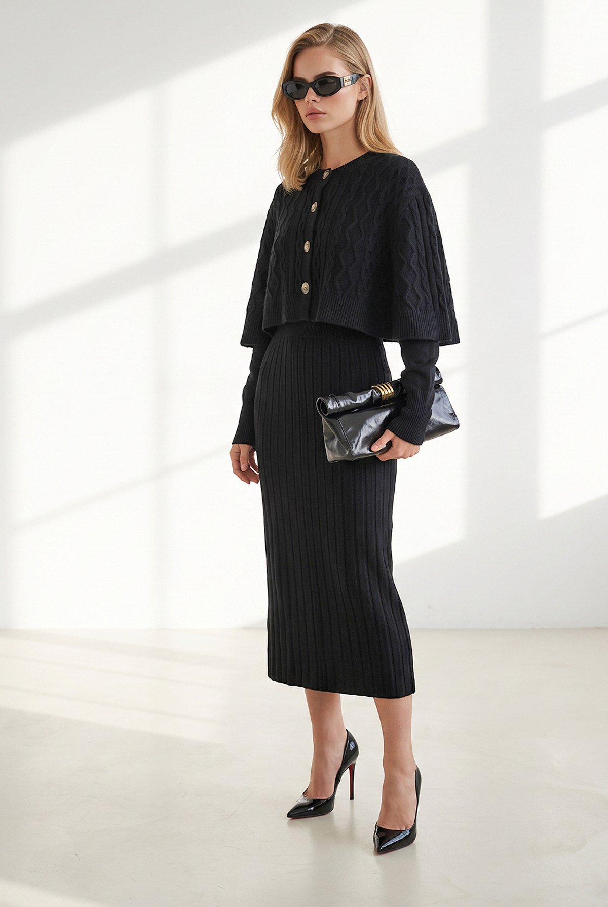 Saç Örgü Detaylı Hırka Elbise Takım Siyah