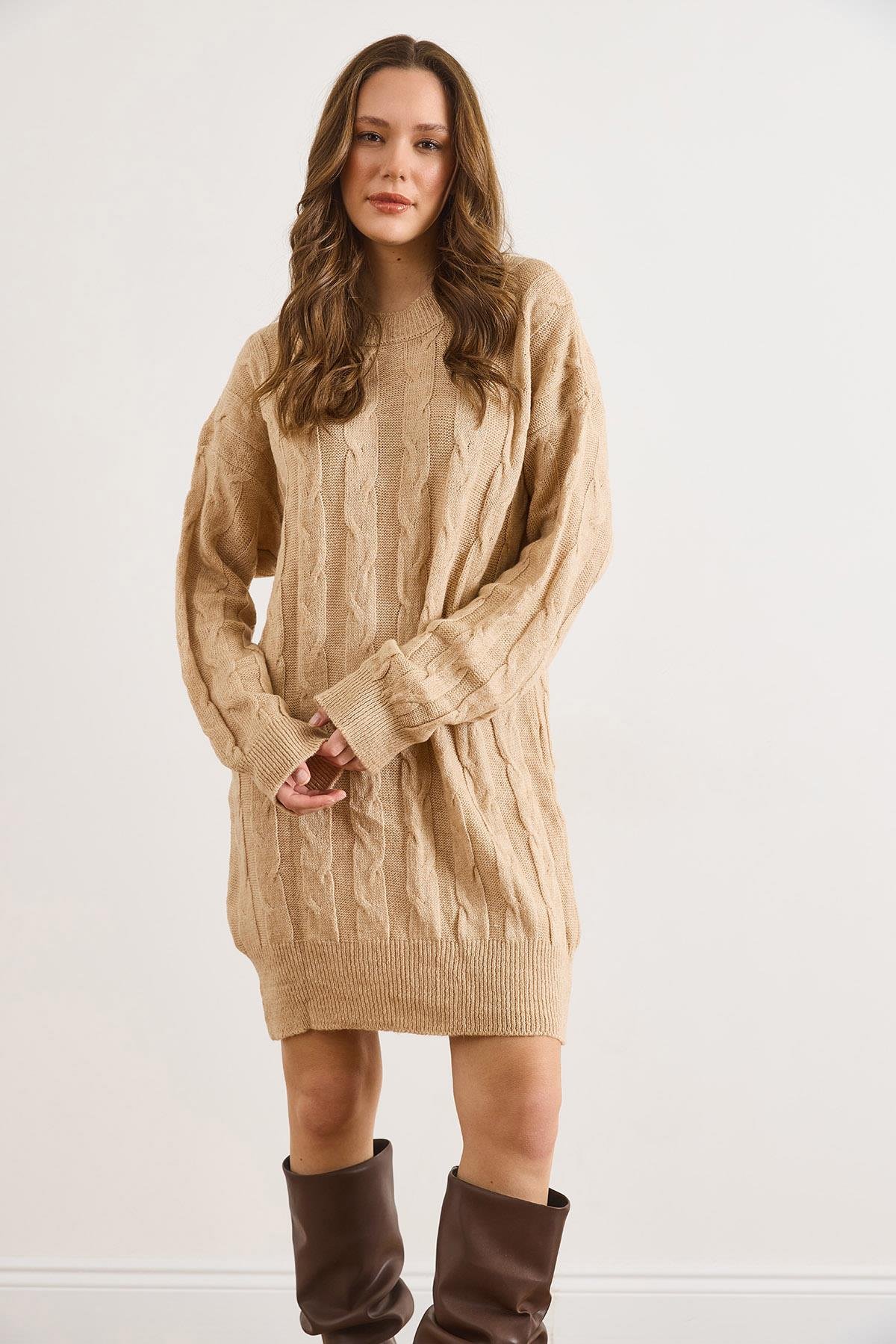Saç Örgülü Triko Tunik Elbise Camel