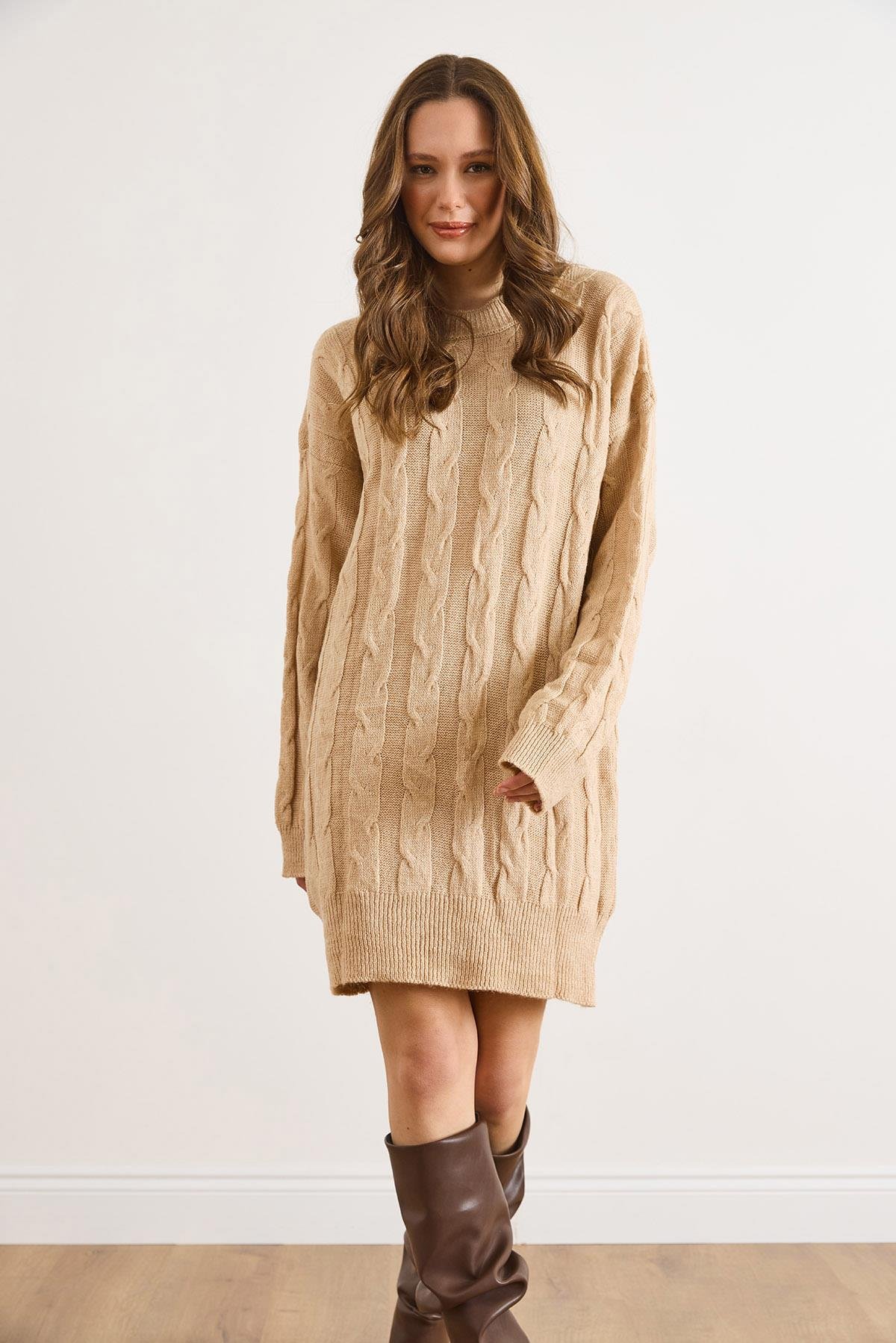 Saç Örgülü Triko Tunik Elbise Camel
