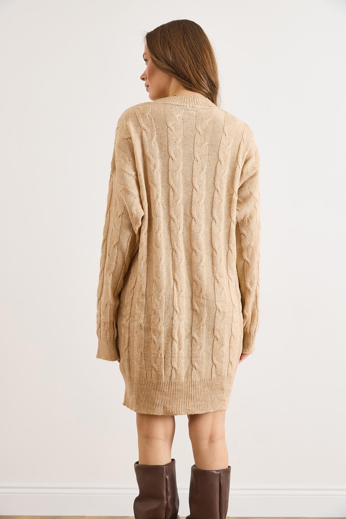 Saç Örgülü Triko Tunik Elbise Camel