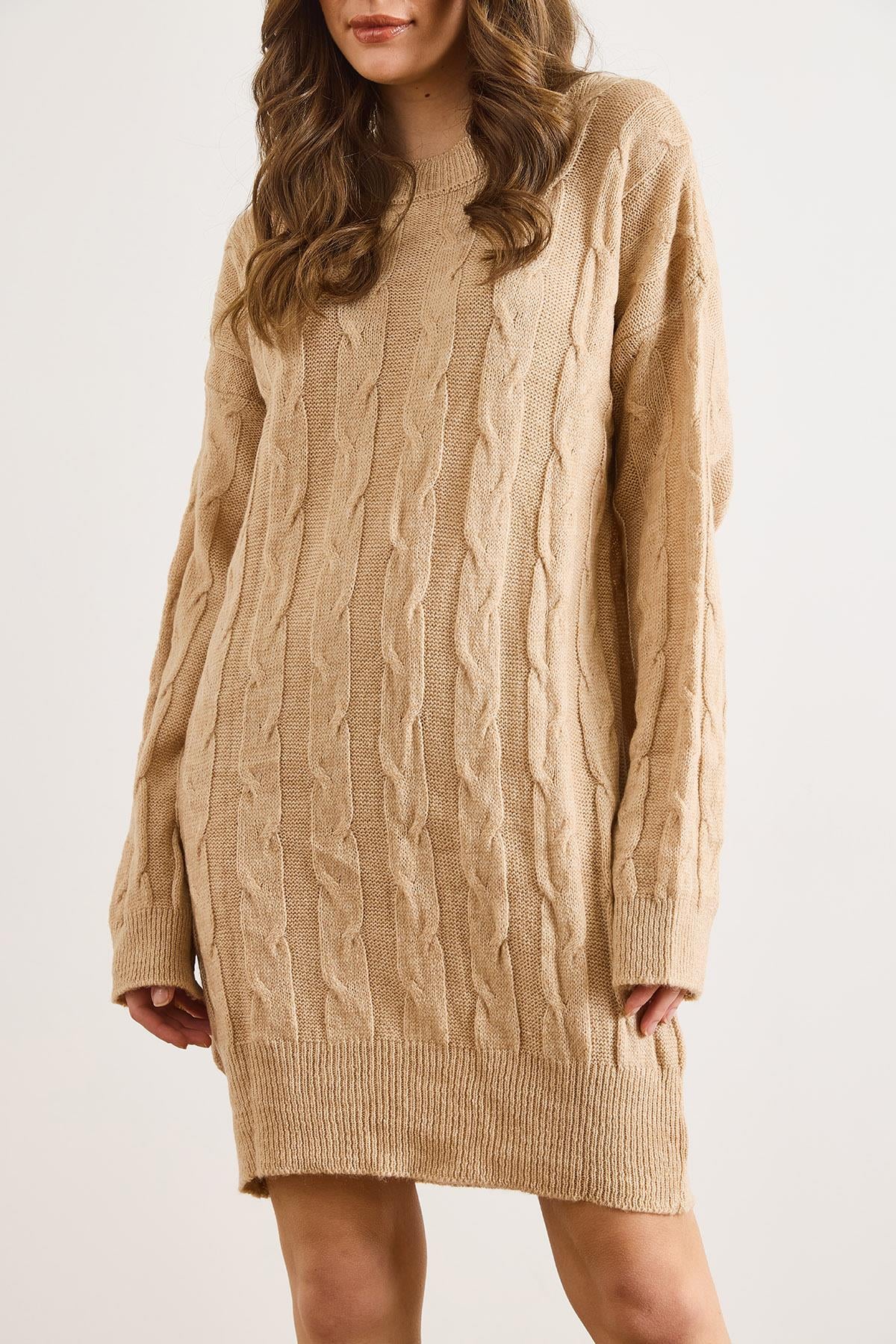 Saç Örgülü Triko Tunik Elbise Camel